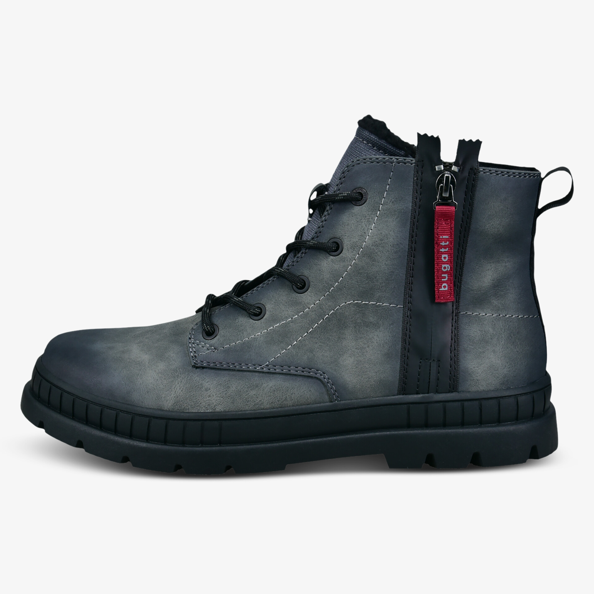 Robuster grauer Schuh mit seitlichem Reißverschluss und schwarzer Gummisohle, komfortabel und modern