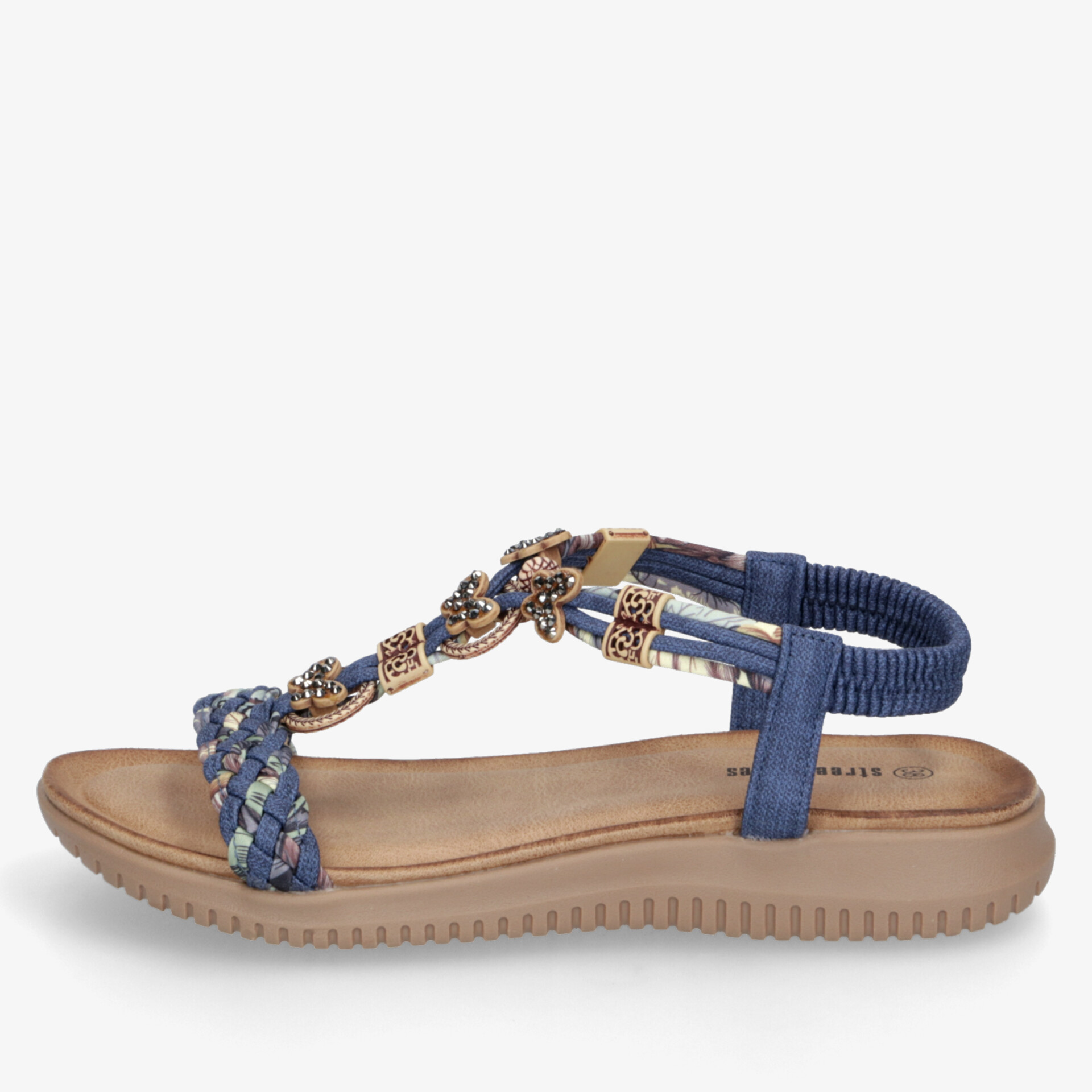 Moderne blaue Sandale mit elastischem Riemen und bequemem Fußbett, perfekte Passform und rutschfeste Sohle