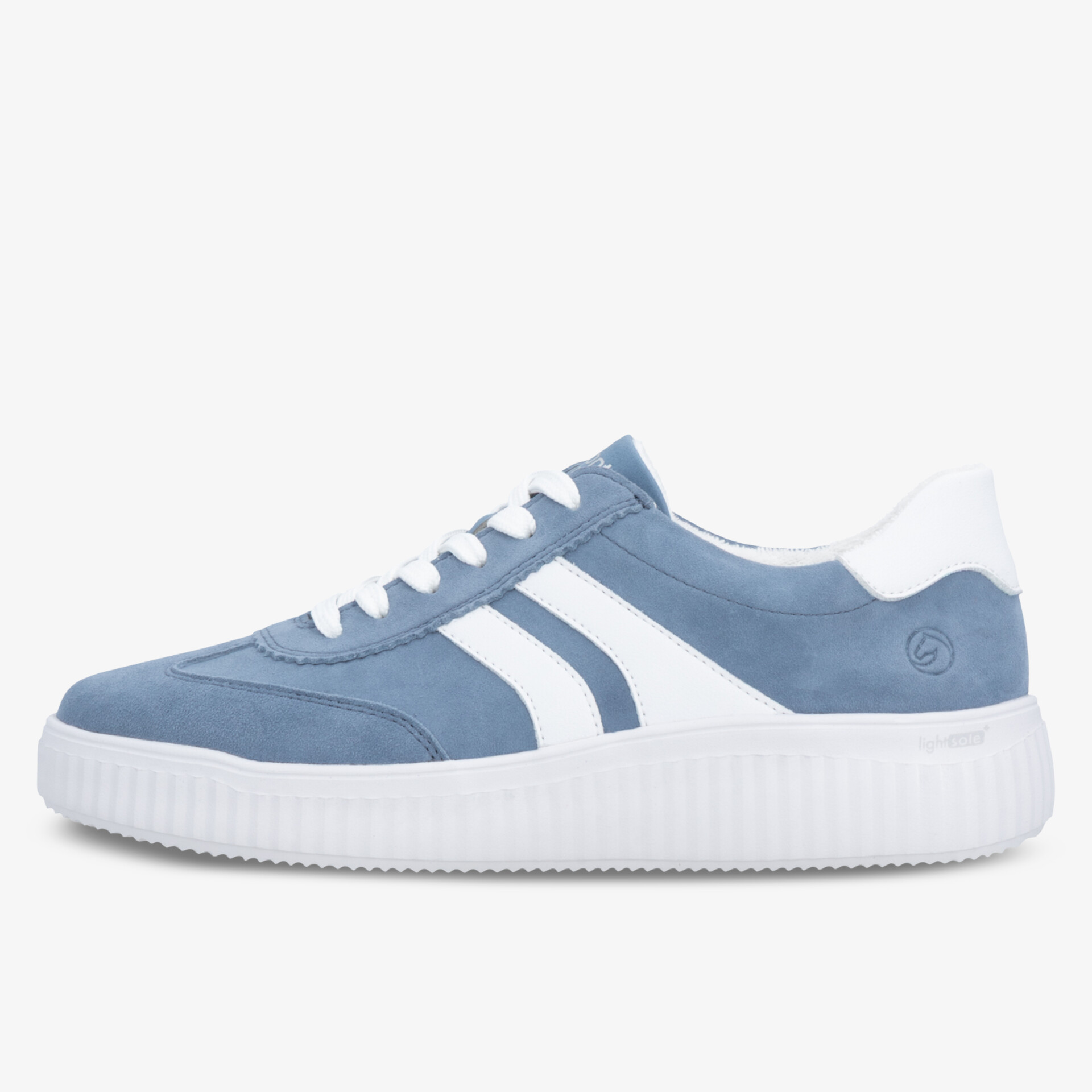Seitliche Ansicht eines blauen Sneakers mit weißen Details, sportlich und komfortabel gestaltet