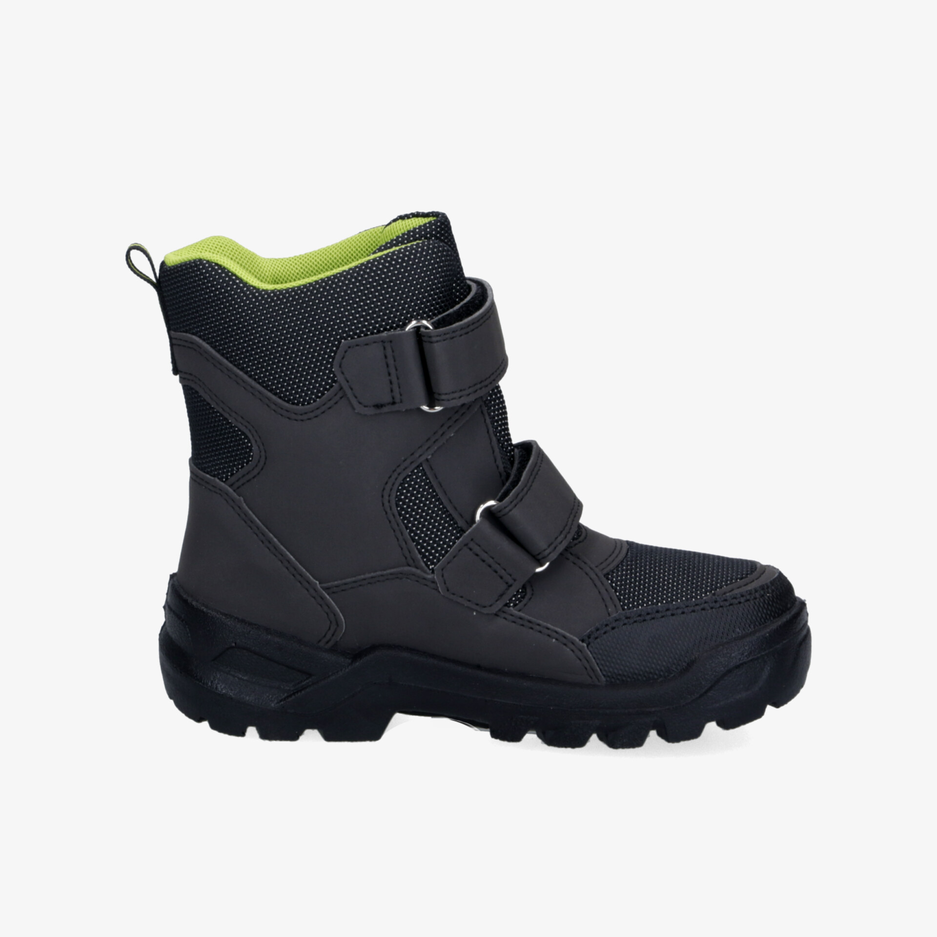 Schwarzer robuster Winterstiefel mit warmer Fütterung und verstellbaren Riemen für sicheren Halt und Komfort