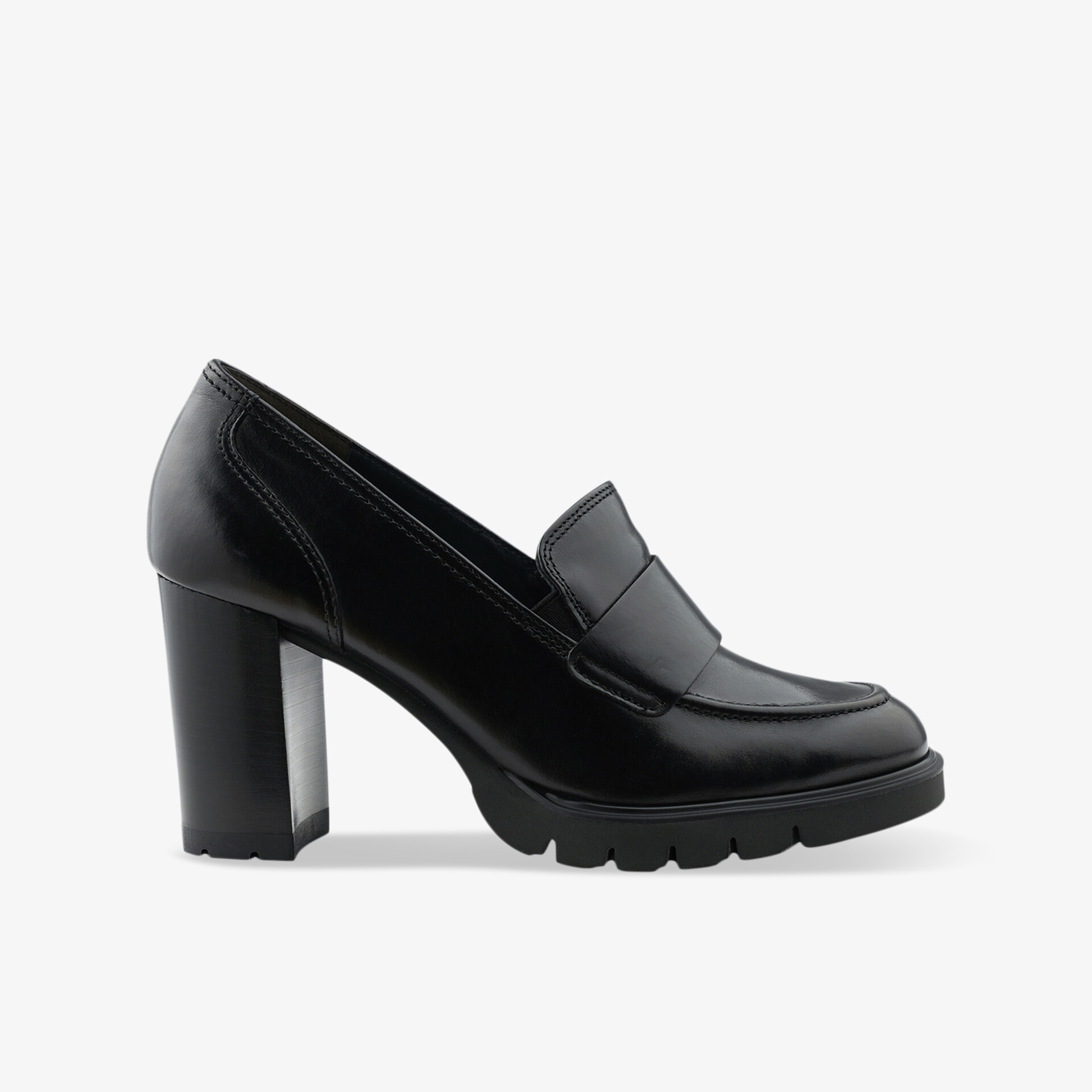 Eleganter schwarzer Loafer mit hohem Blockabsatz und stilvollem Design, ideal für formelle Anlässe.