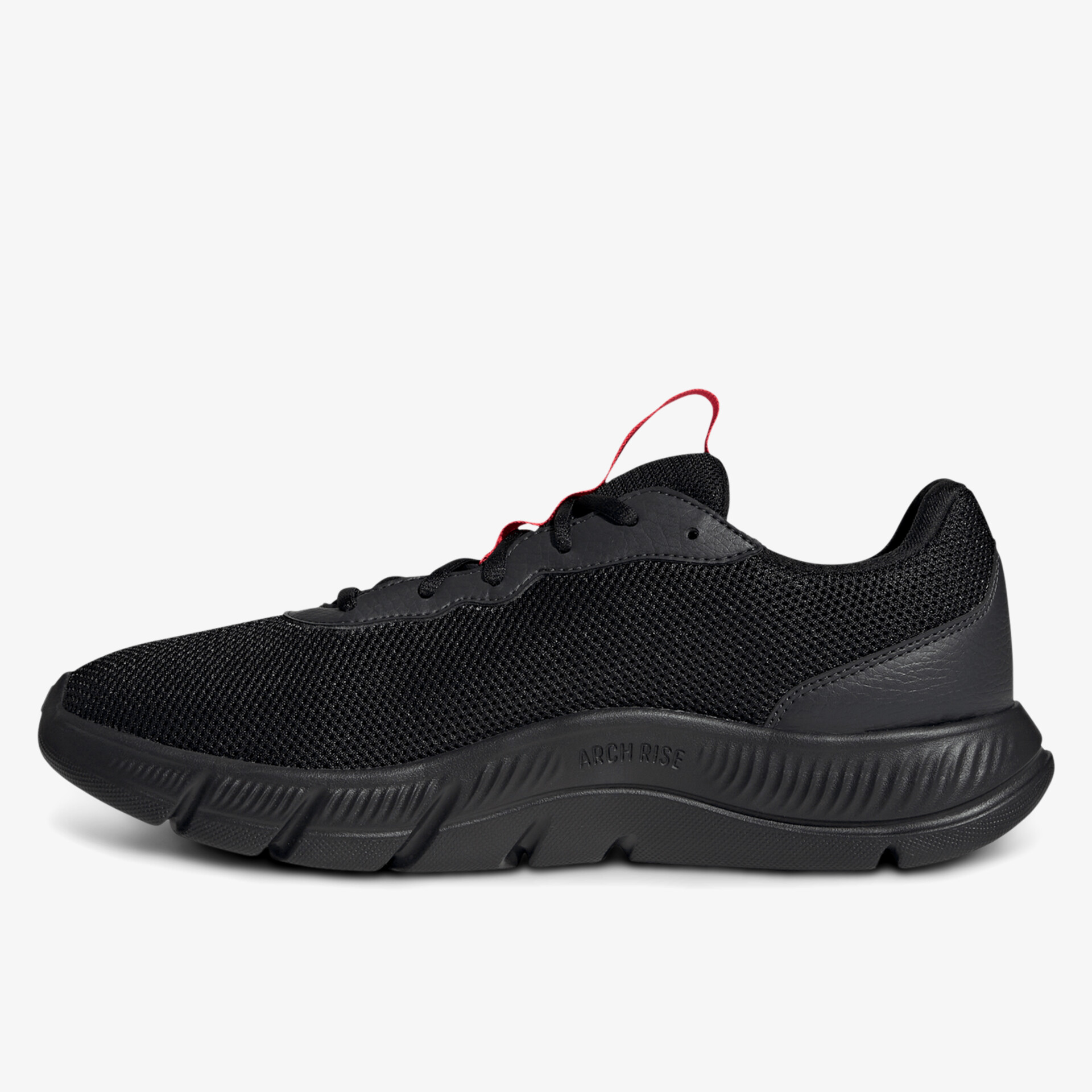 Schwarzer leichter Sportschuh mit atmungsaktivem Mesh und flexibler, rutschfester Sohle, seitliche Ansicht