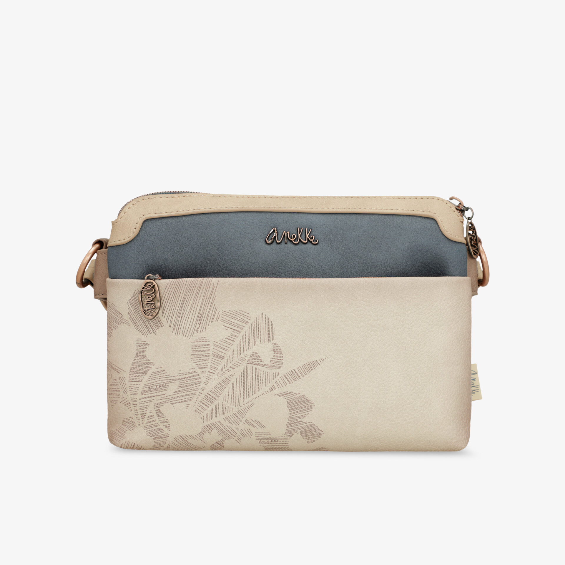 Elegante beige-blaue Umhängetasche mit floralem Muster und Reißverschluss, kompakt und praktisch für den Alltag