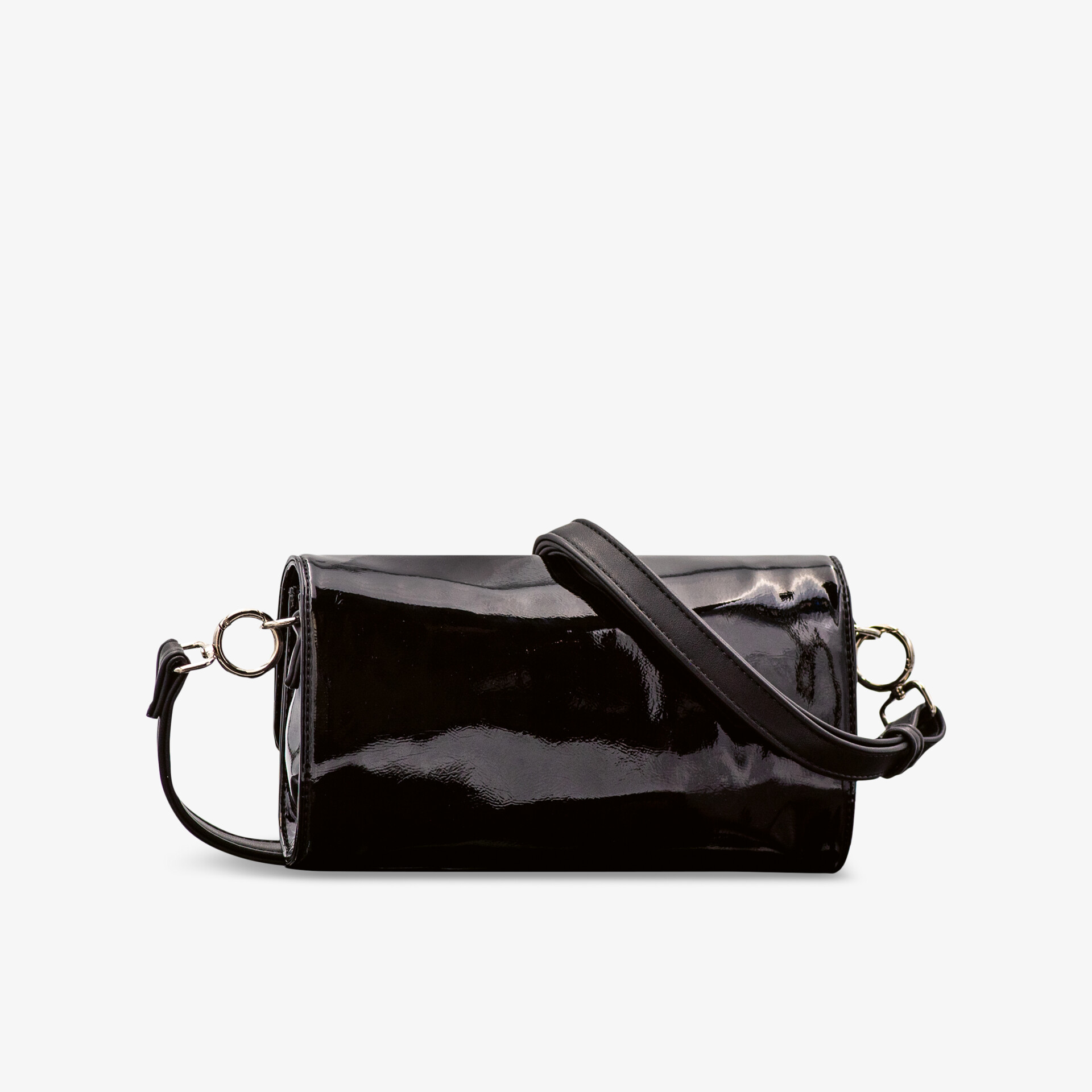 Glänzende schwarze Tasche in kompakter Ausführung mit verstellbarem Trageriemen und elegantem Design