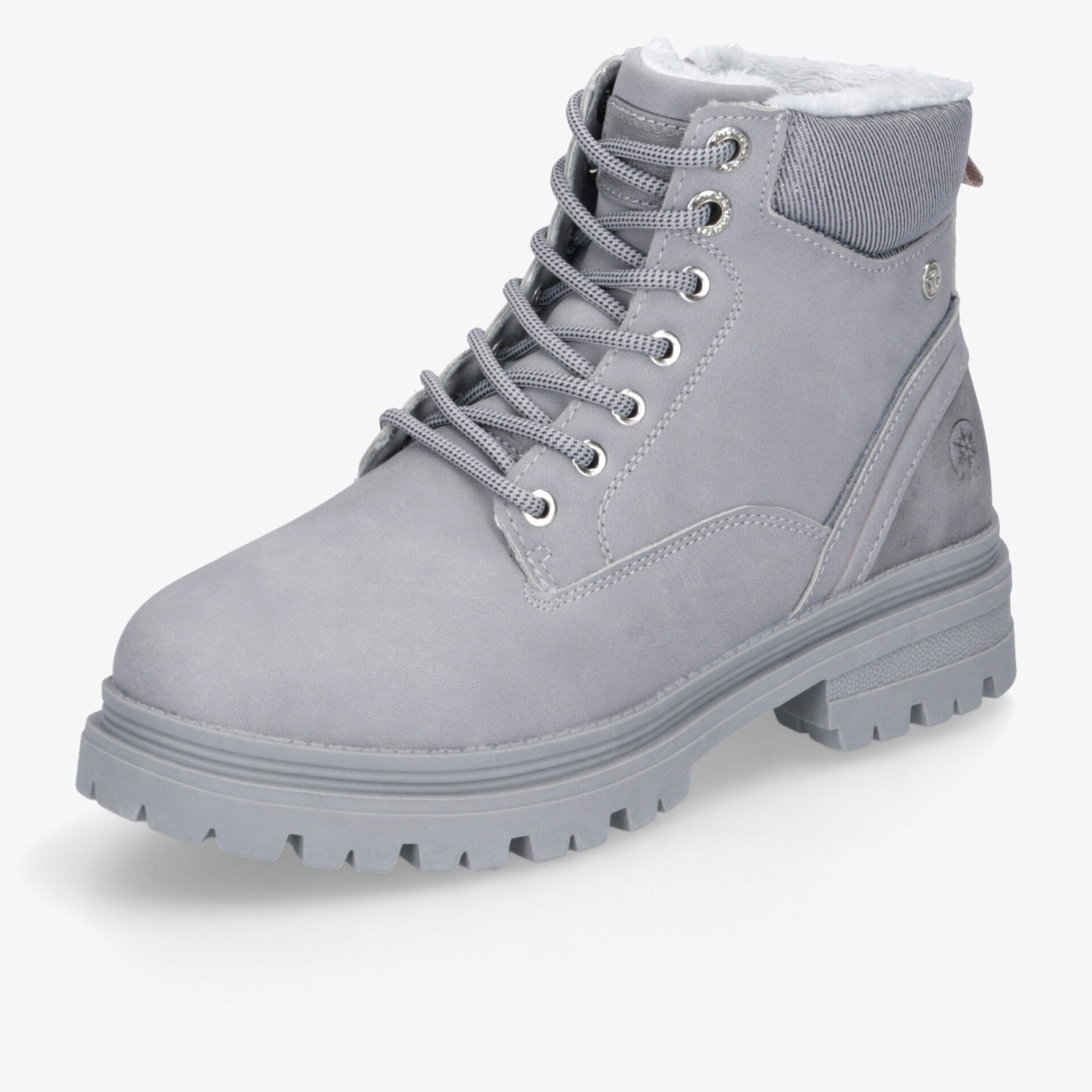 Robuster grauer Winterstiefel mit Schnürung, gepolstertem Schaftrand und dicker profilierter Sohle für sicheren Halt