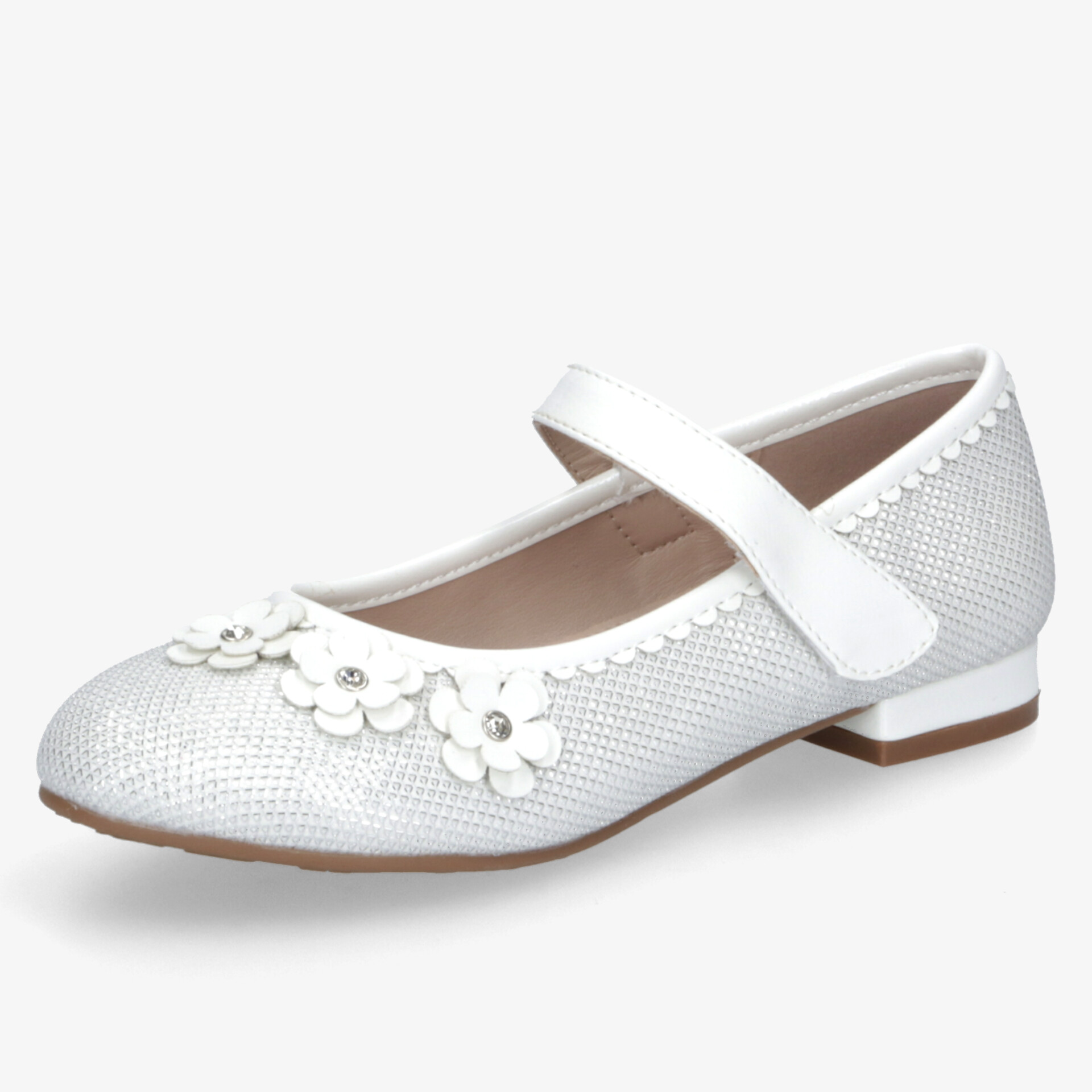 Eleganter weißer Schuh mit Blütendekor, bequemer Riemen und flachem Absatz für angenehmen Tragekomfort