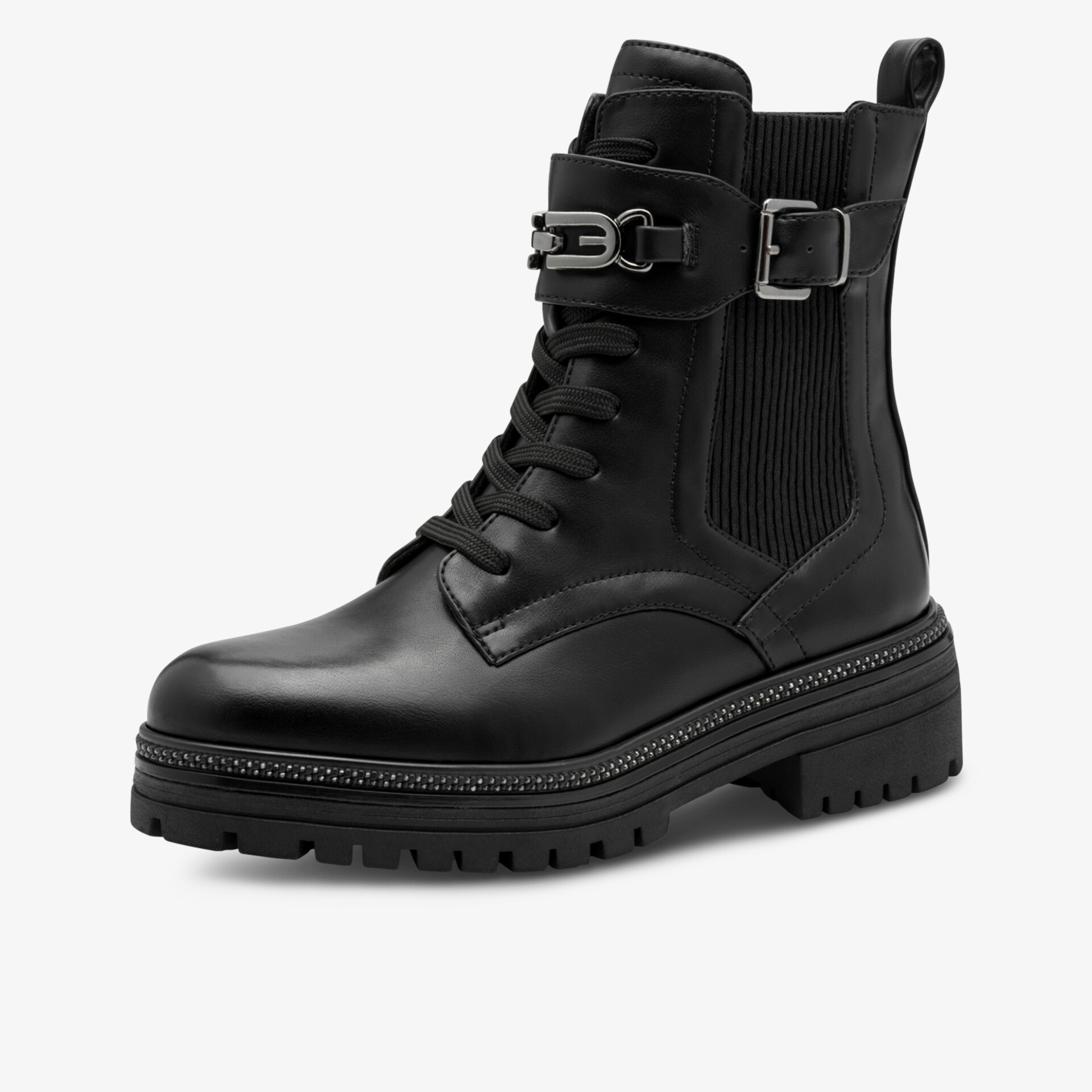 Robuster schwarzer Schnürstiefel mit Metallschnalle und grober Profilsohle, modisch und komfortabel