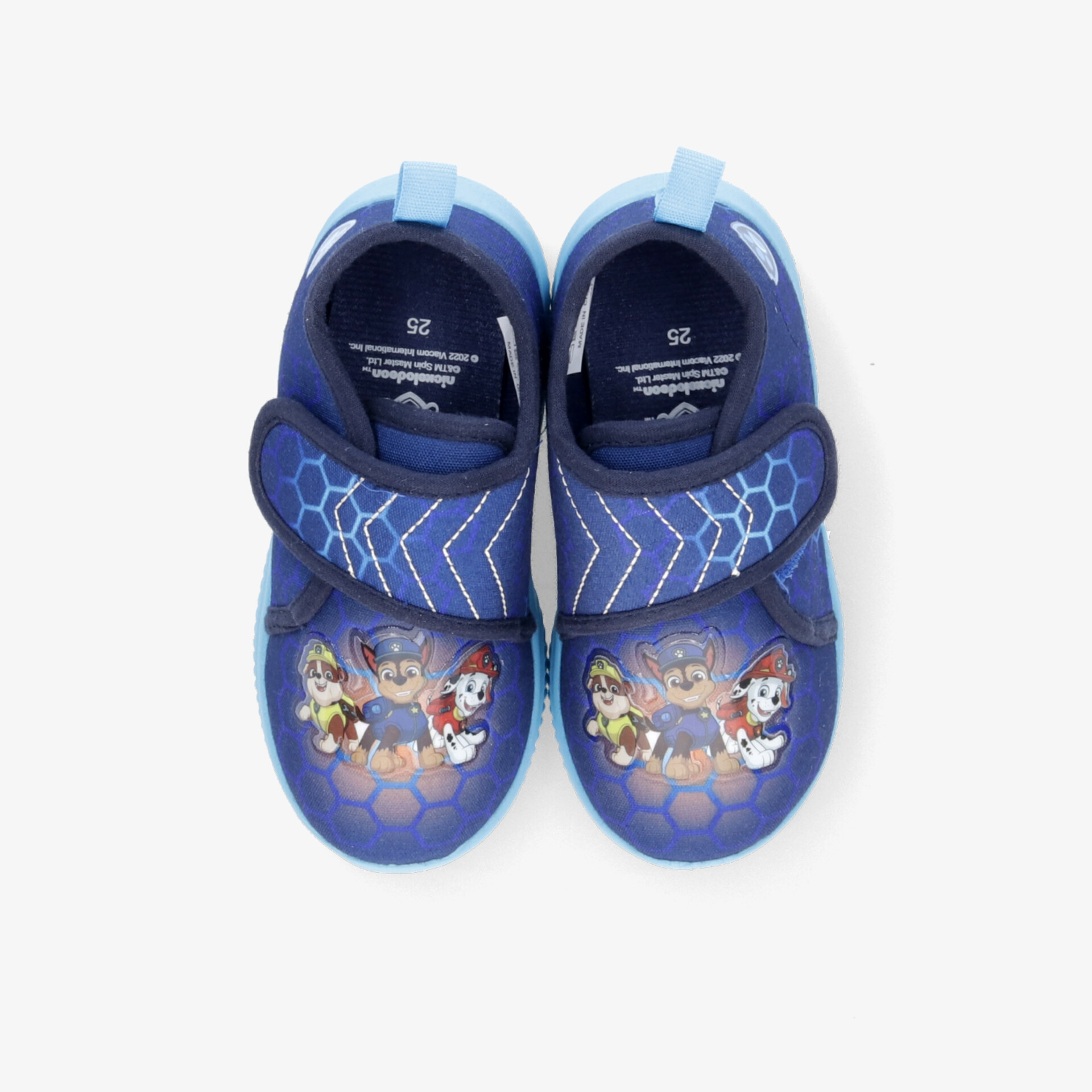 Blaues Paar Halloschuhe mit kindgerechtem Motiv und verstellbarem Klettverschluss, rutschfest und bequem