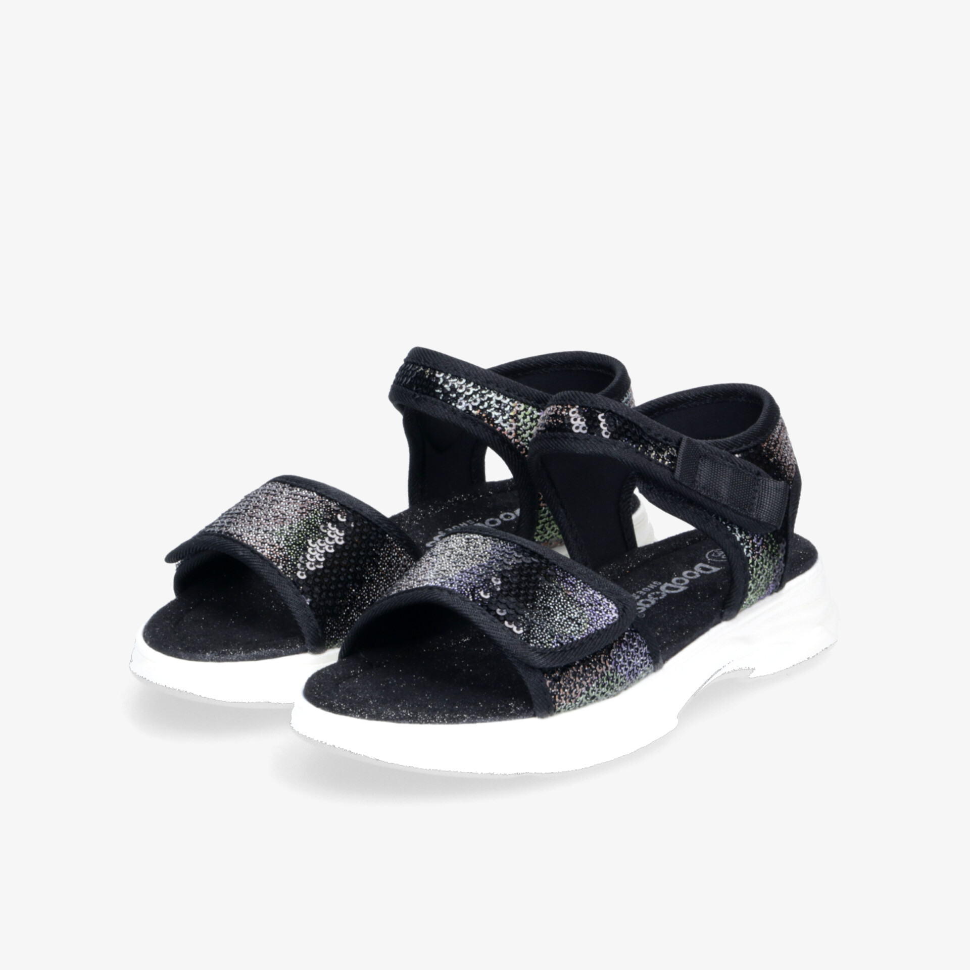 Sportliche schwarze Sandalen mit glitzerndem Material, verstellbaren Klettverschlüssen und flexibler weißer Sohle als Paar