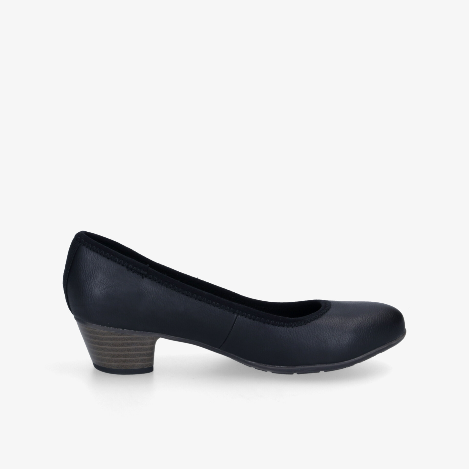 Eleganter schwarzer Pumps mit mittelhohem Absatz und rutschfester Sohle in klarer Seitenansicht