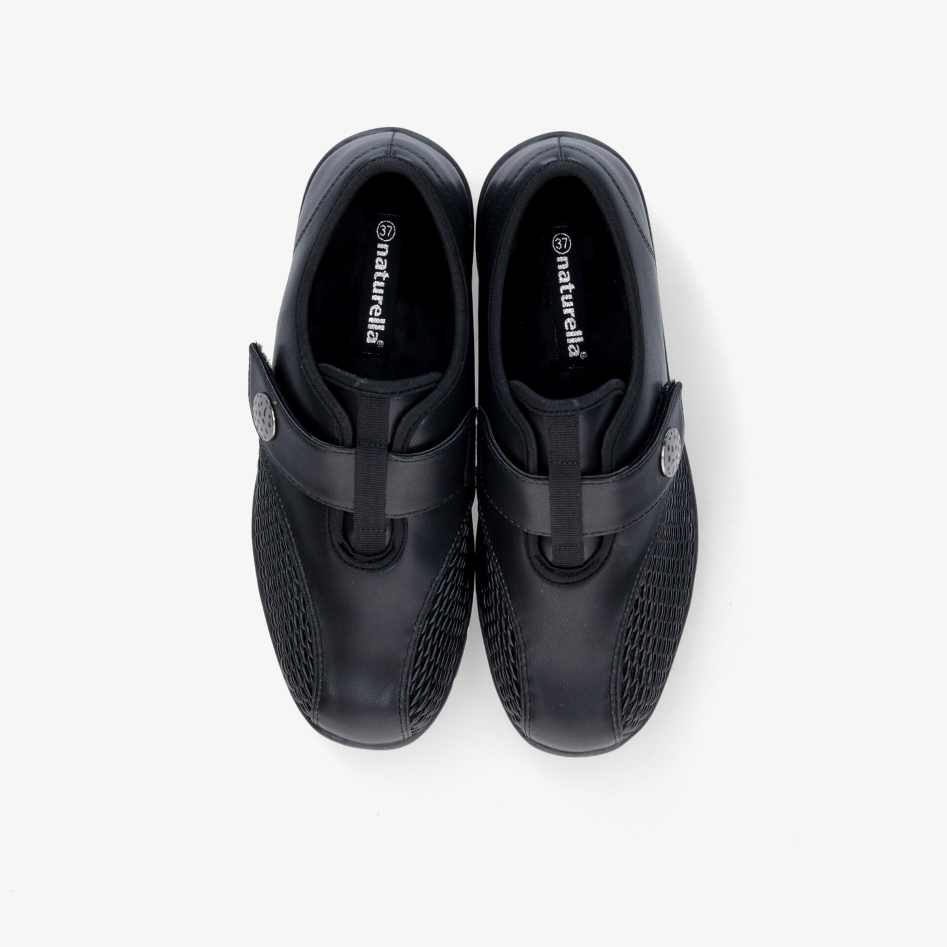 Schwarze Komfort-Schuhe als Paar in Draufsicht, leicht und atmungsaktiv mit ergonomischem Design