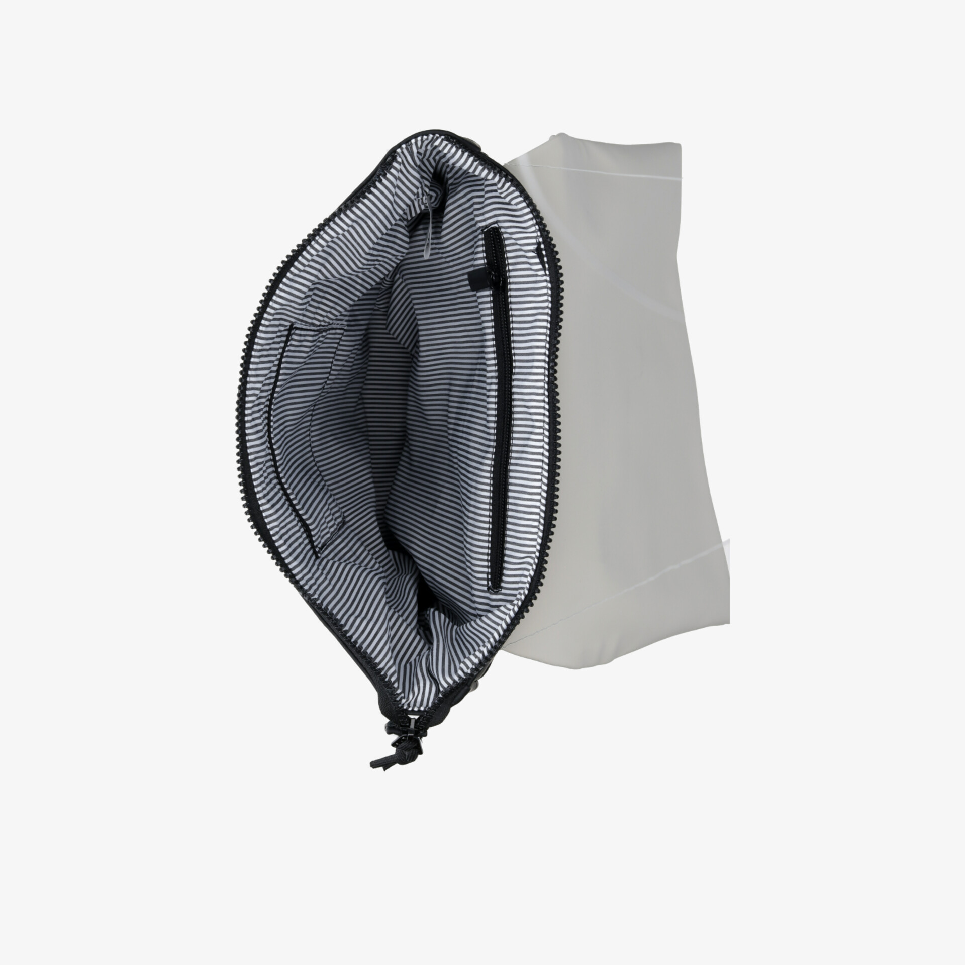 Geöffnete Tasche mit gestreiftem Innenfutter und Reißverschluss für einfache und sichere Aufbewahrung