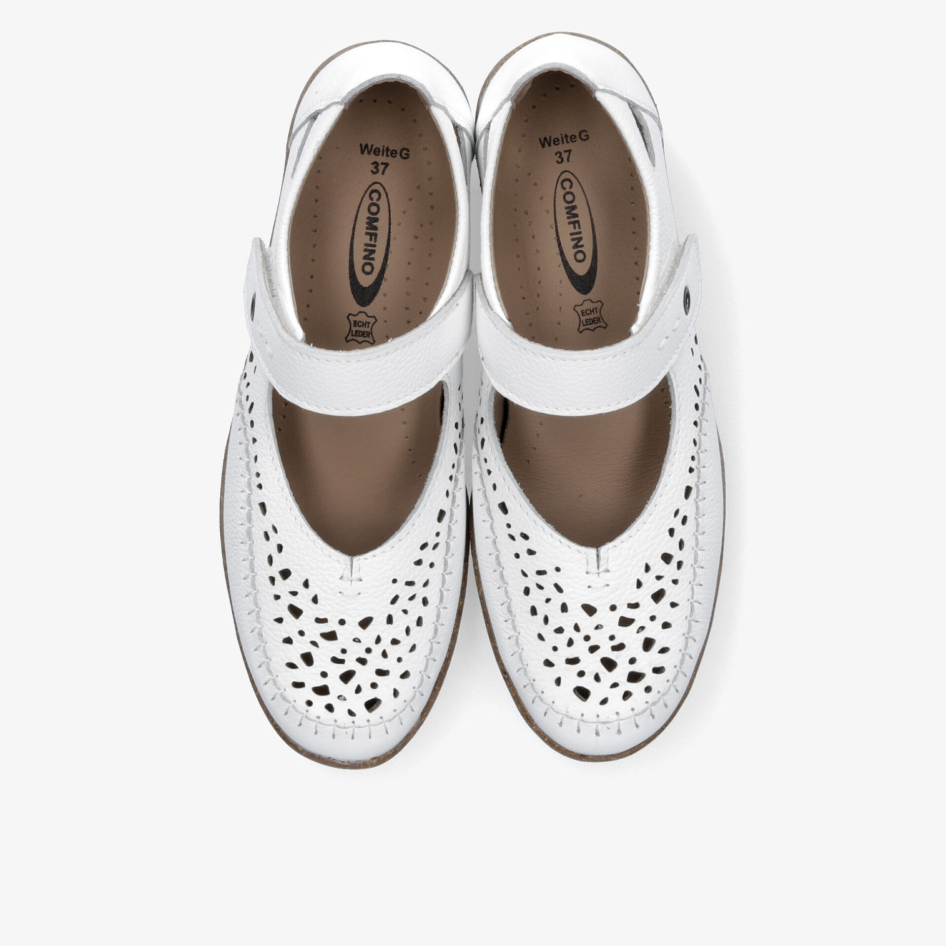 Weiße Schuhe mit bequemen Klettverschluss, perforiertem Design und rutschfester, weicher Sohle für optimalen Tragekomfort