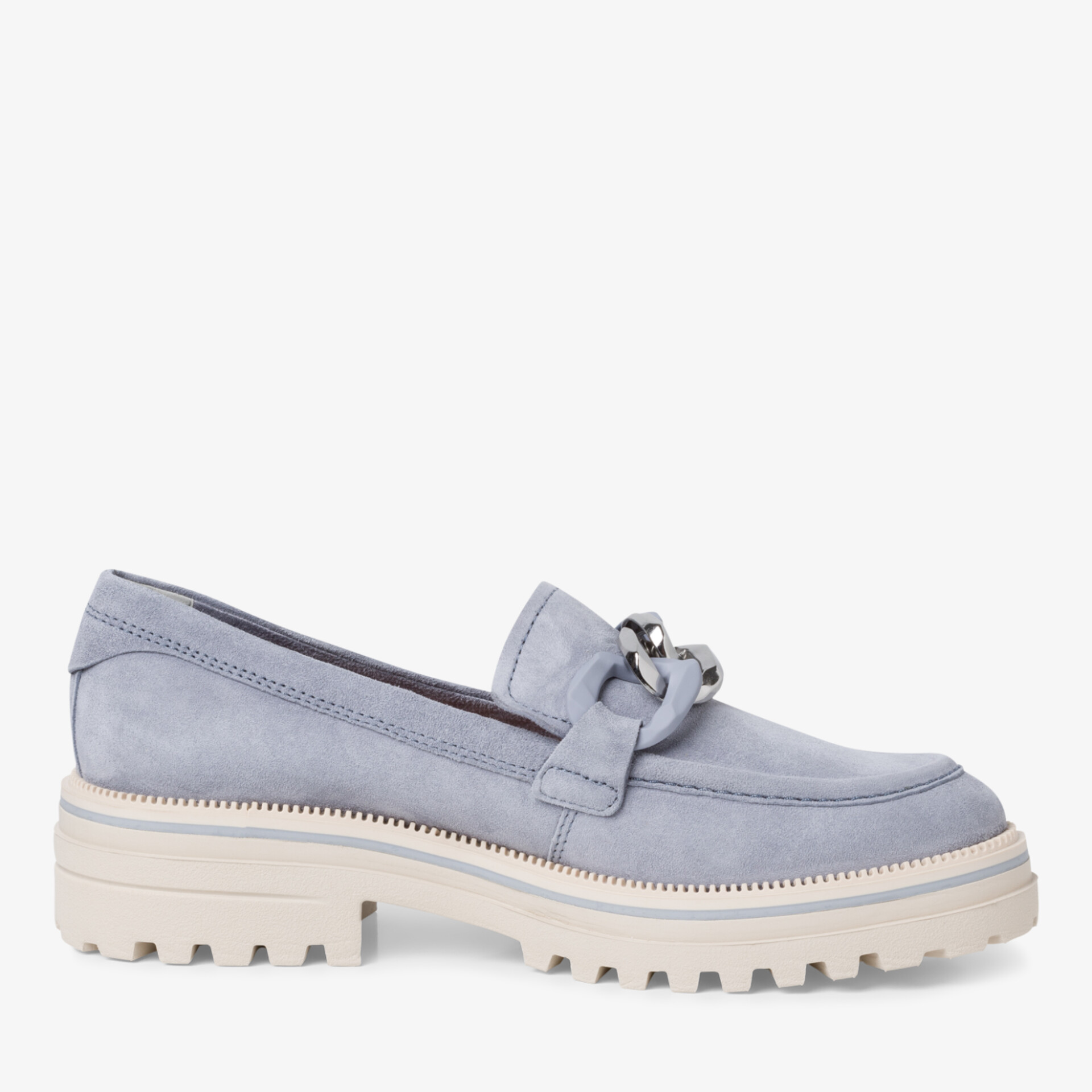 Moderner blauer Mokassin mit robuster Sohle und trendigem Design für vielseitige Anlässe.