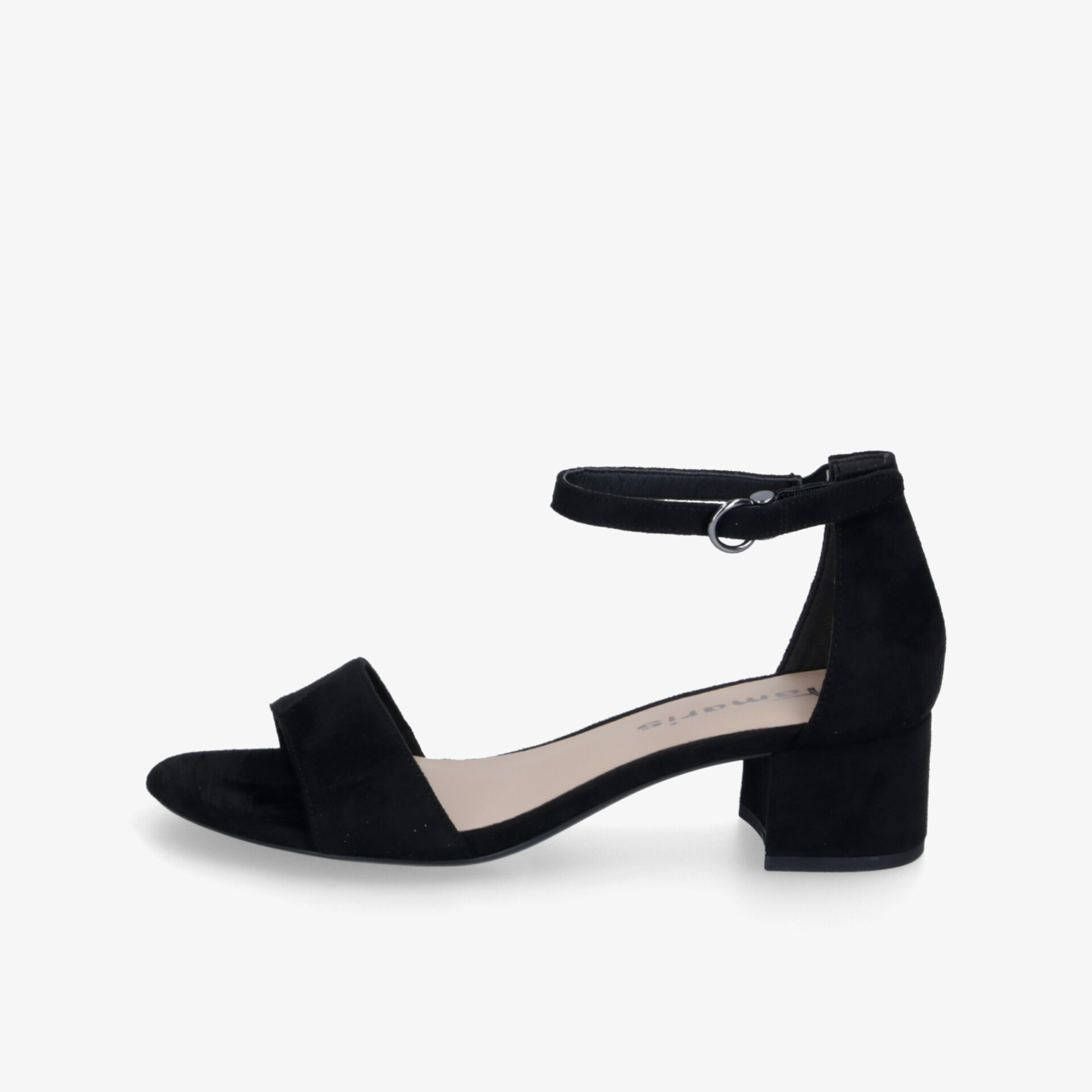 Eleganter schwarzer Sandaletten-Schuh mit Blockabsatz und Knöchelriemen. Perfekt für stilvolle Anlässe.