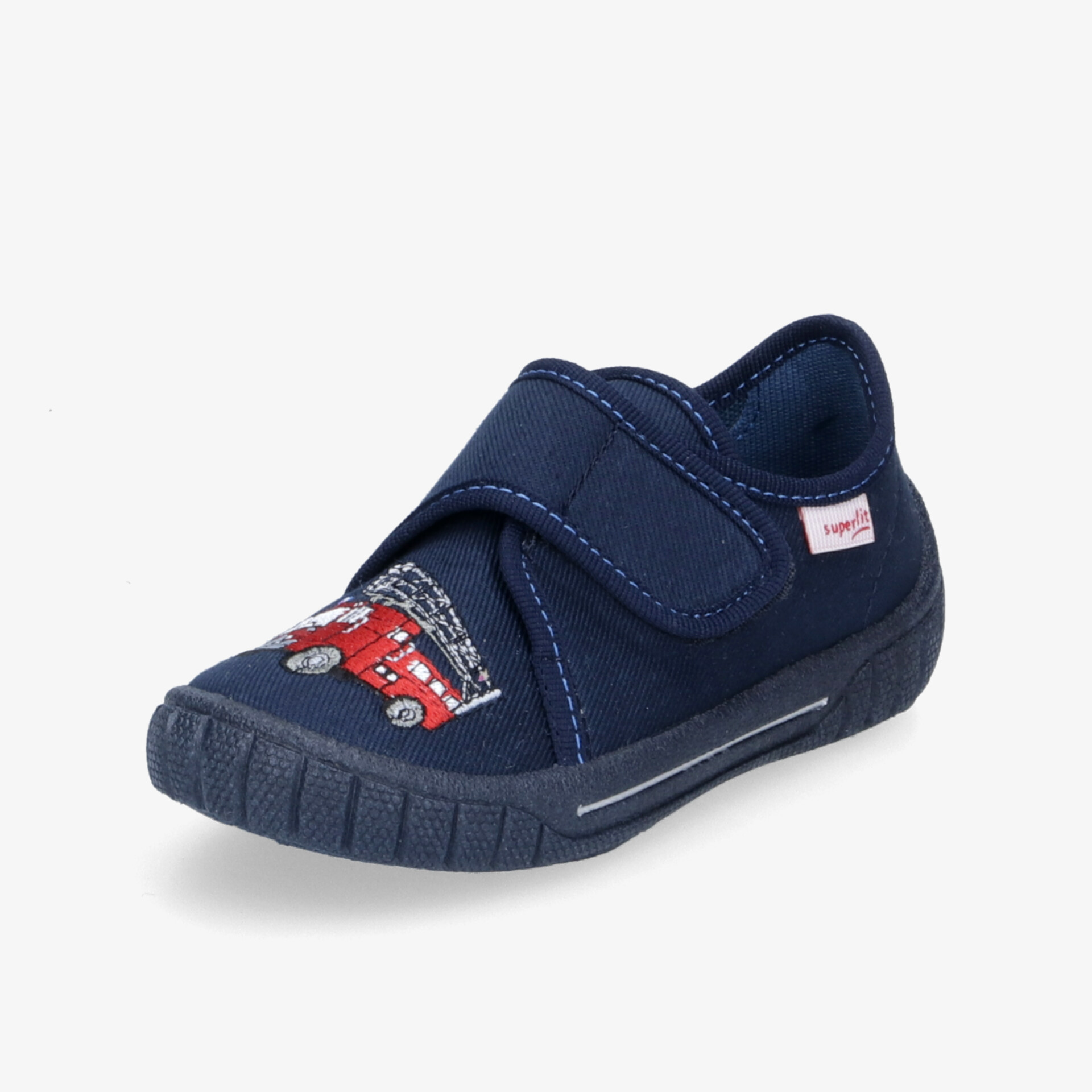 Bequemer, dunkelblauer Schuh mit robustem Klettverschluss und ansprechendem Fahrzeugmotiv für optimalen Halt.