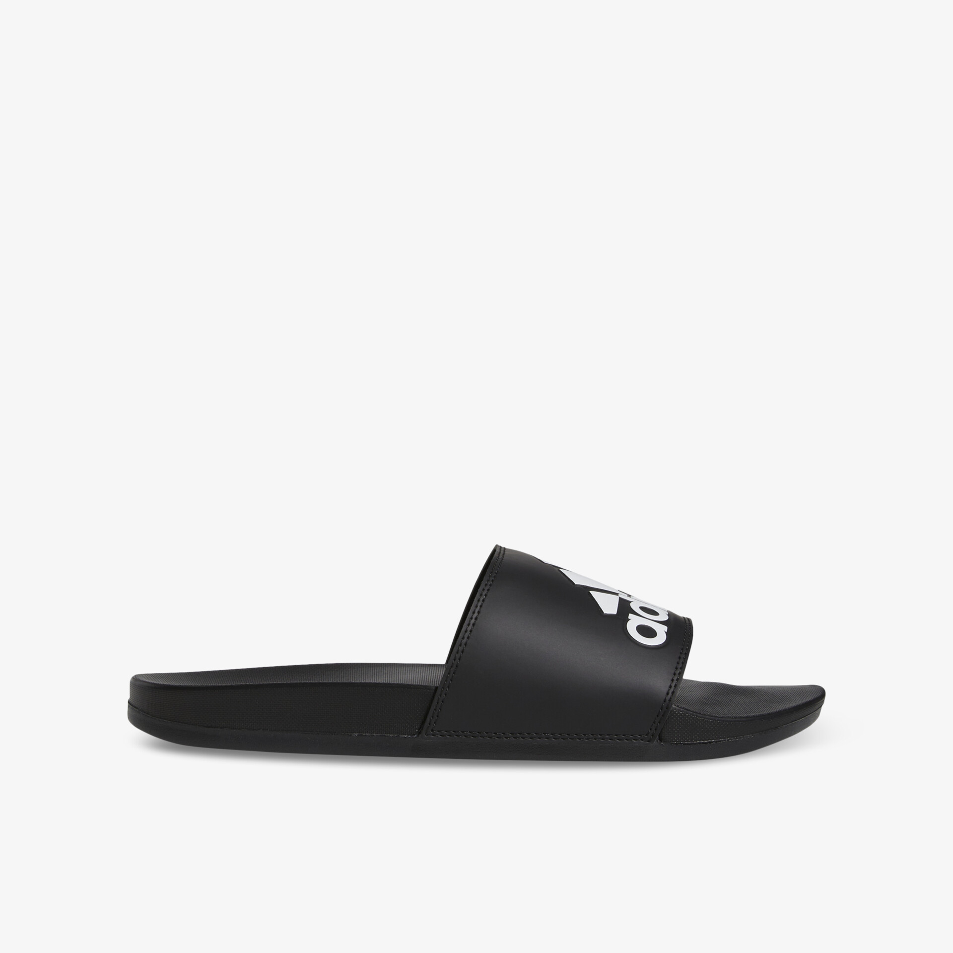 Schwarze Adidas Slide Sandale seitliche Ansicht, komfortabel und leicht, rutschfeste Sohle, sportliches Design