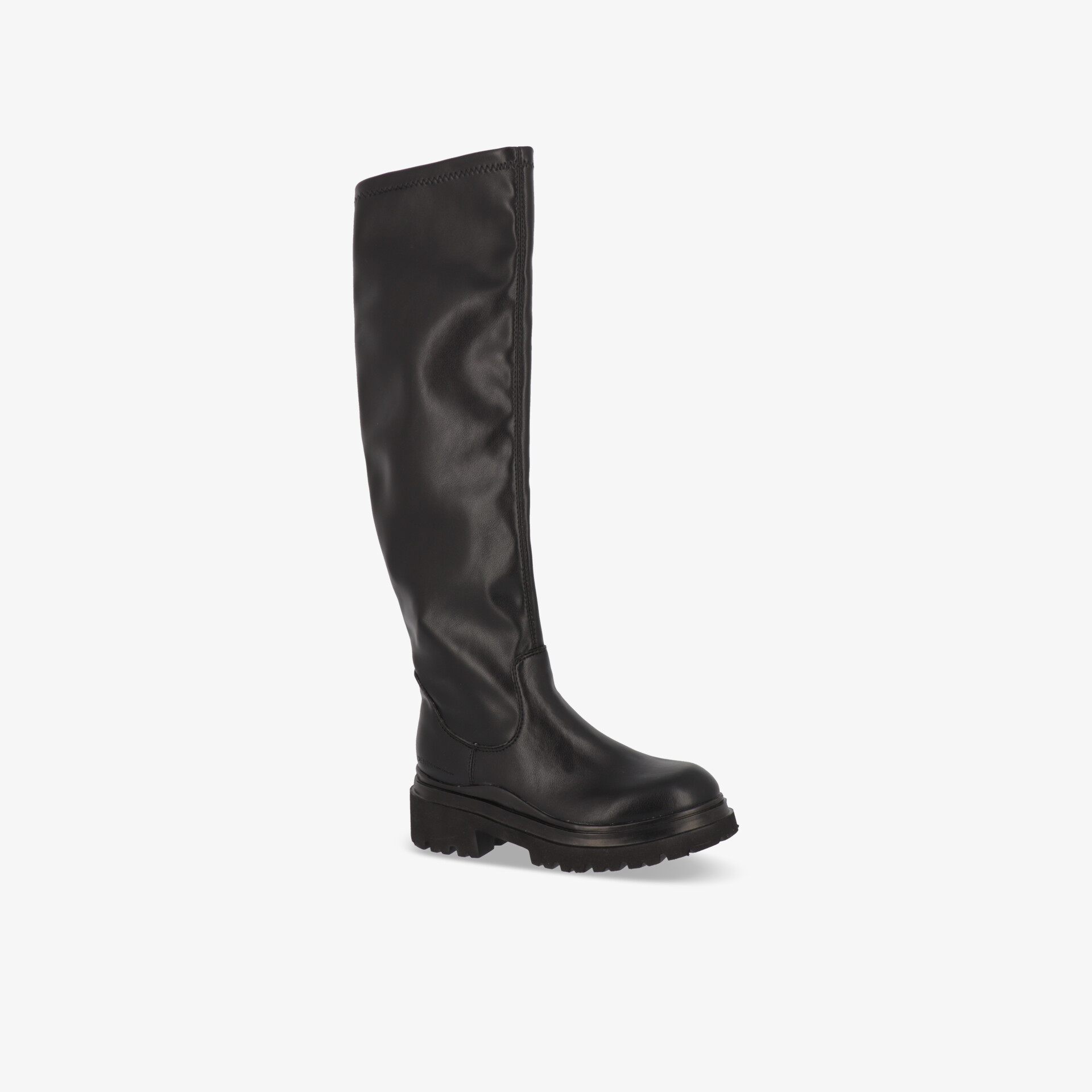 Schwarze kniehohe Lederstiefel mit robuster, rutschfester Sohle für stilvollen Auftritt.