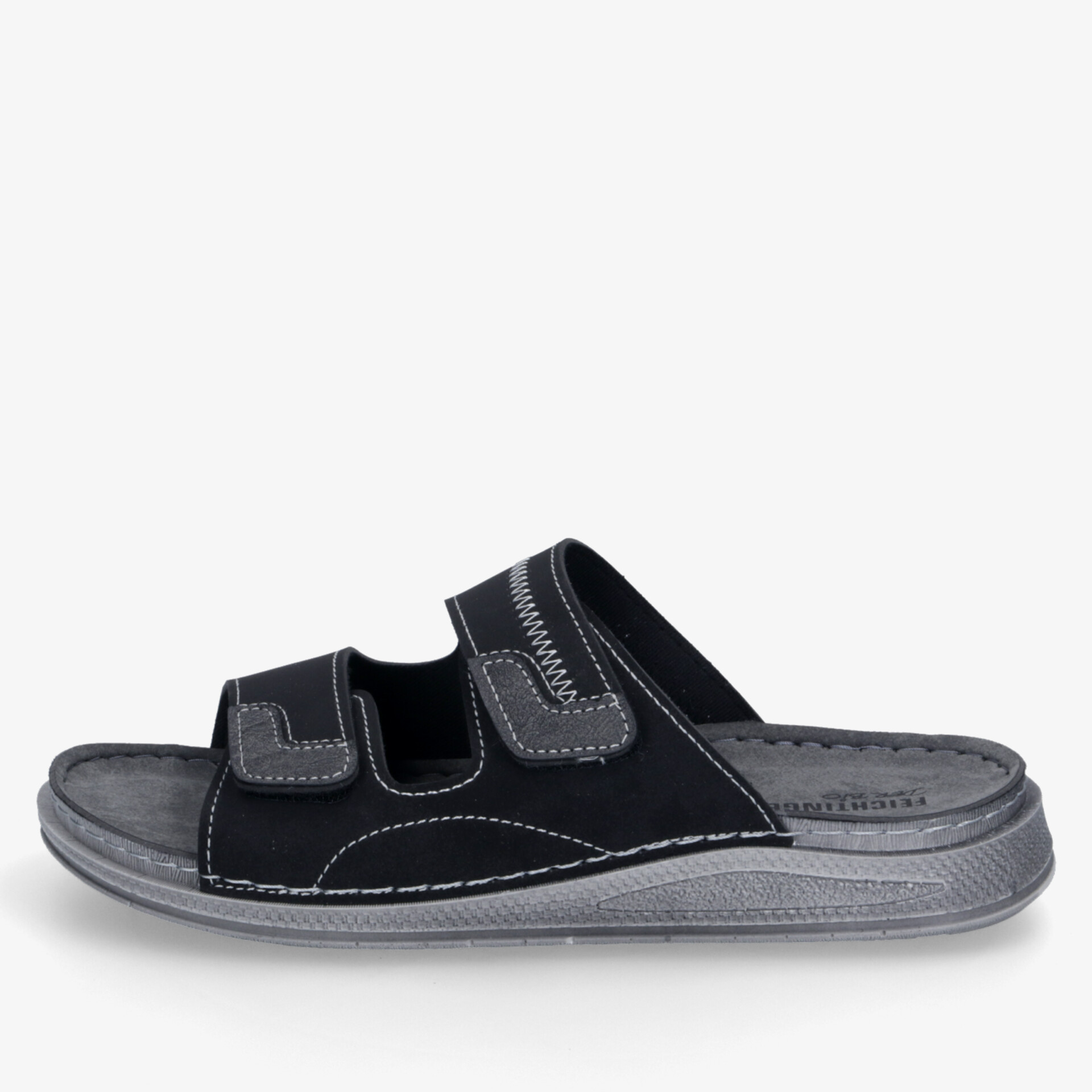 Schwarze bequeme Slide Sandale mit verstellbaren Riemen und gepolsterter Sohle für sicheren Halt