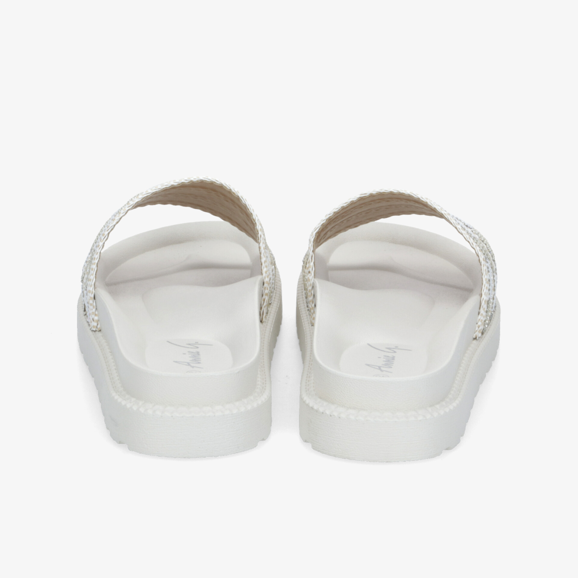 Weißes Paar Slide-Sandalen mit gepolsterter Sohle und rutschfestem Design, ideal für bequemen Alltag