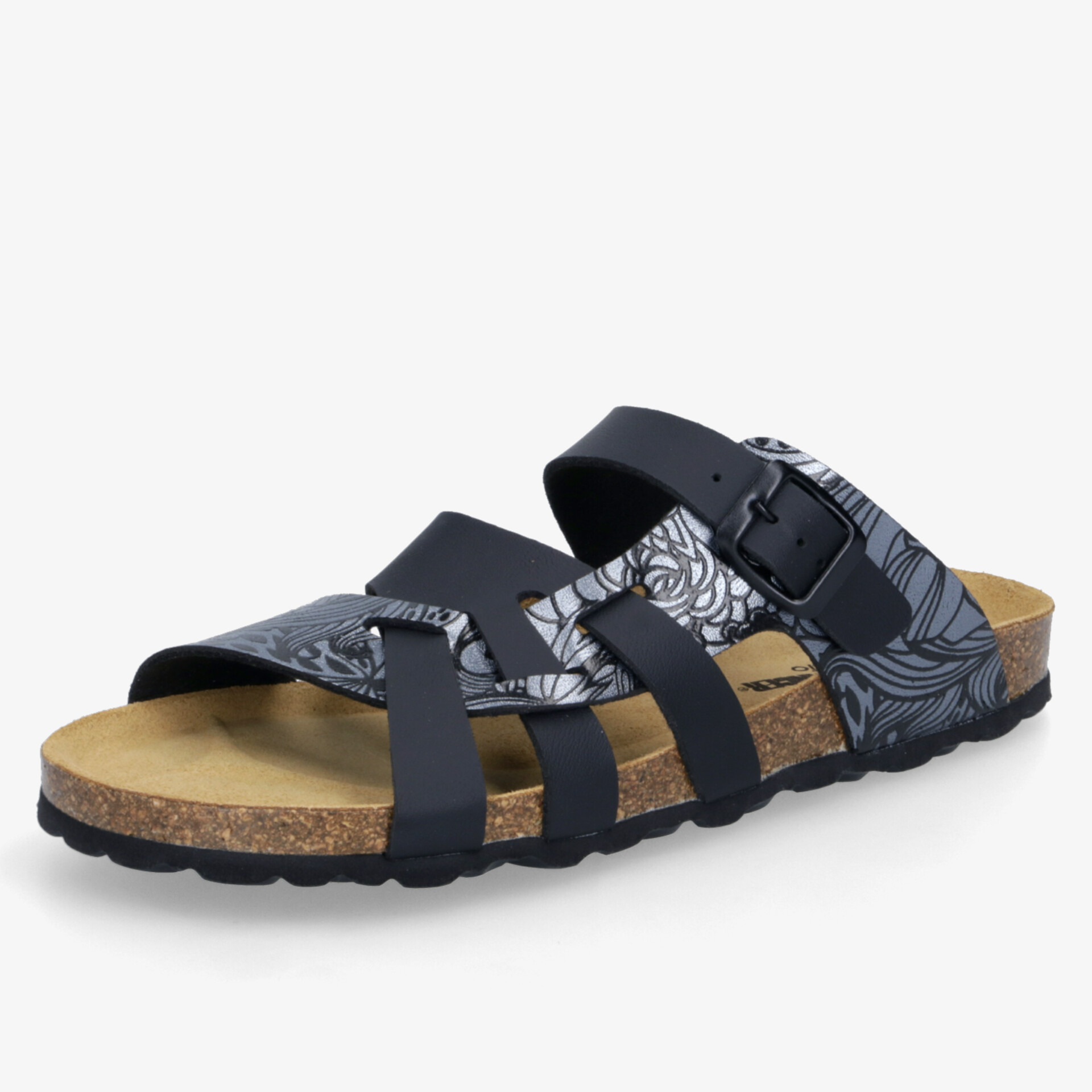 Komfortable schwarze Sandale mit mehreren verstellbaren Riemen und weicher, ergonomischer Sohle für optimalen Sitz