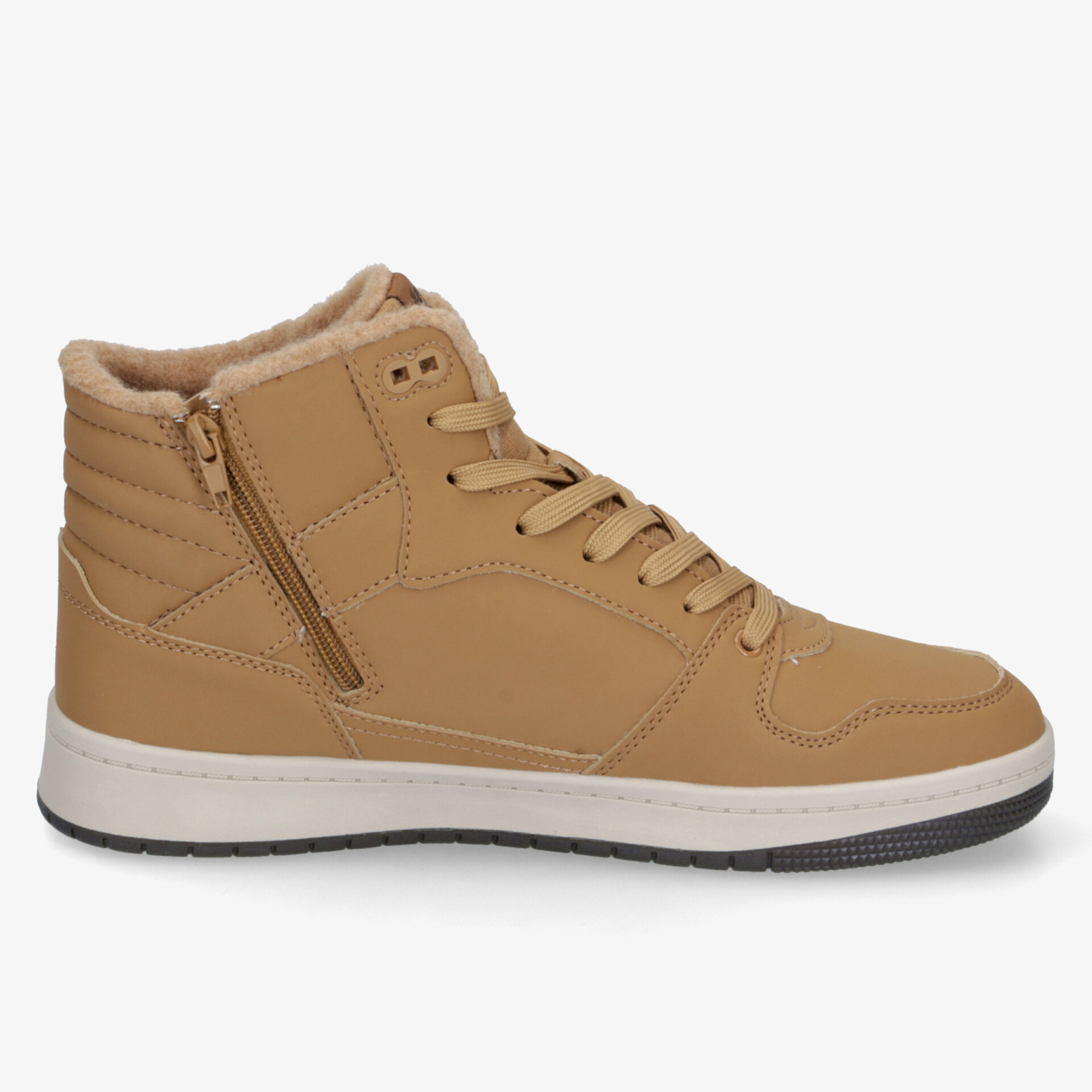 Beiger High-Top Sneaker mit Reißverschluss, Schnürung und weißer Sohle, seitliche Sicht, moderner und bequemer Schuh