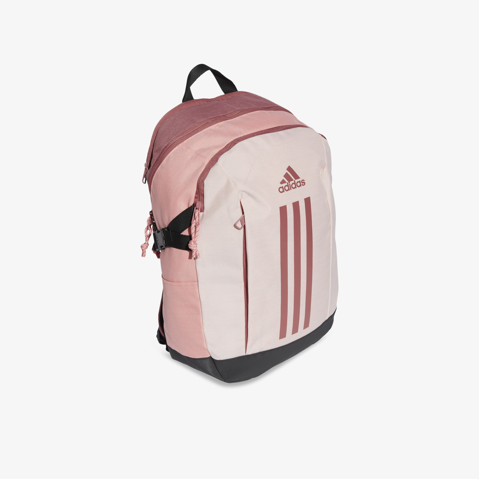 Robuster rosa Rucksack mit drei Streifen, geräumig und bequem, funktional mit verstellbaren Trägern und Reißverschluss