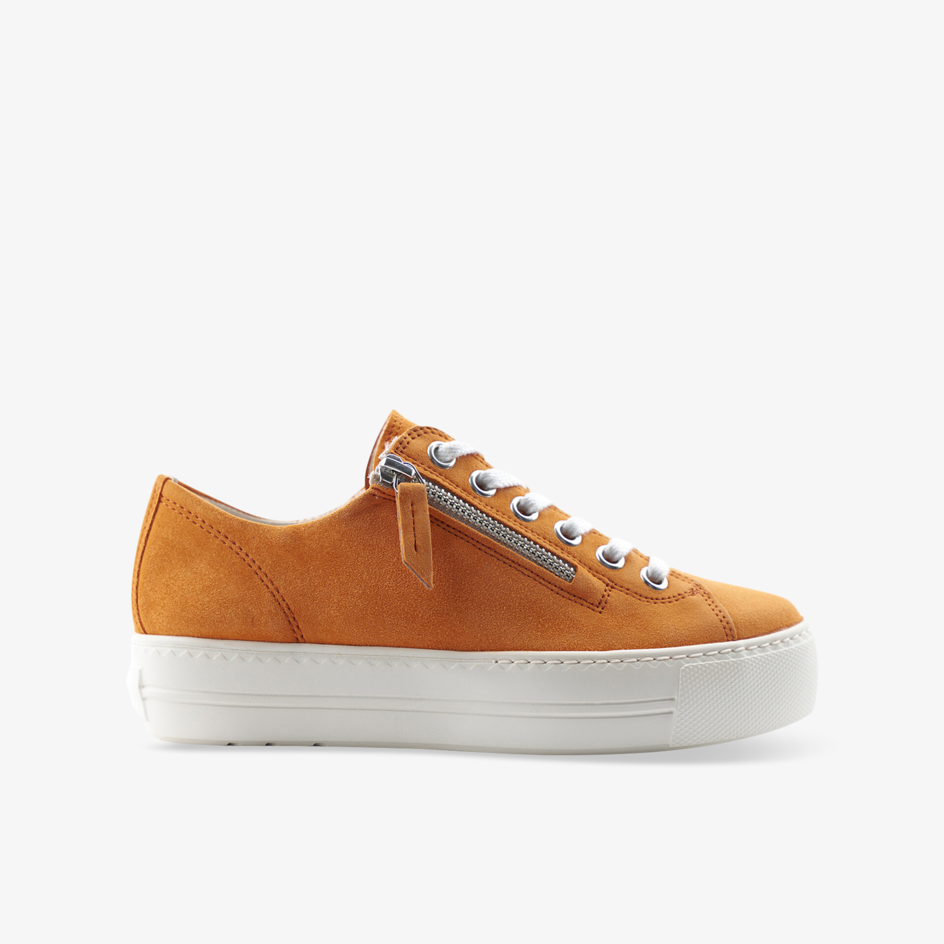 Orangefarbener Sneaker mit komfortabler Plateau-Sohle und Reißverschluss für einen modernen Look.