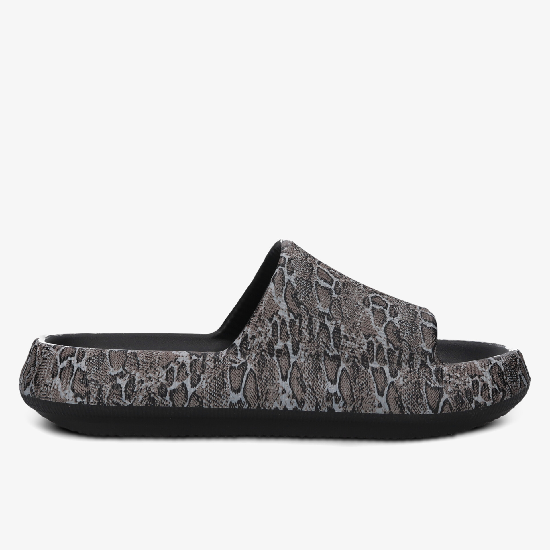 Bequeme Badesandale mit modischem Schlangenprint seitlich gezeigt, weiche Sohle und offener Zehenbereich für angenehmen Tragekomfort