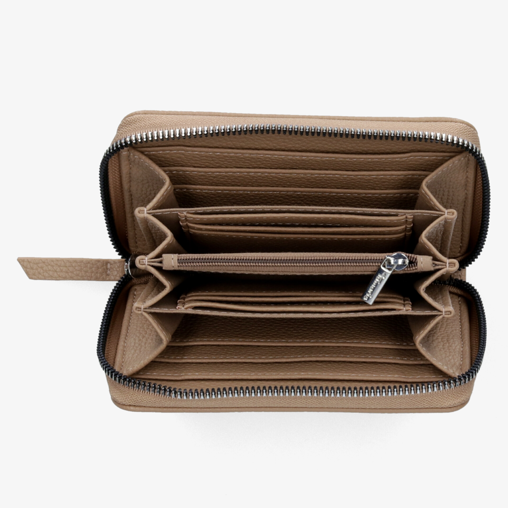 Elegante beige Geldbörse mit vielen Fächern und Reißverschluss für optimale Organisation.