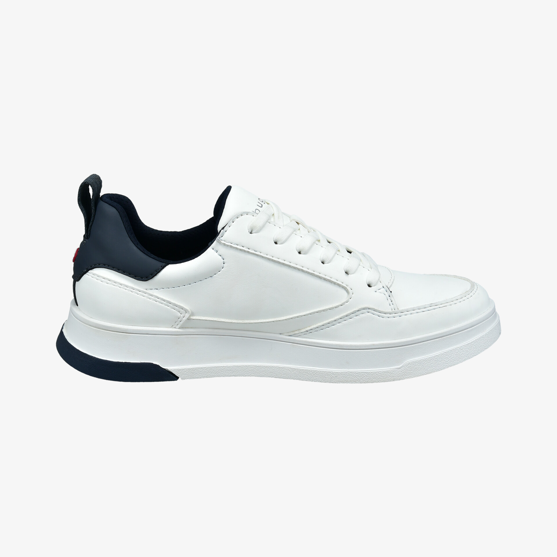 Elegante weiße Sneaker mit dunkelblauen Akzenten, ideal für stilvollen und sportlichen Auftritt