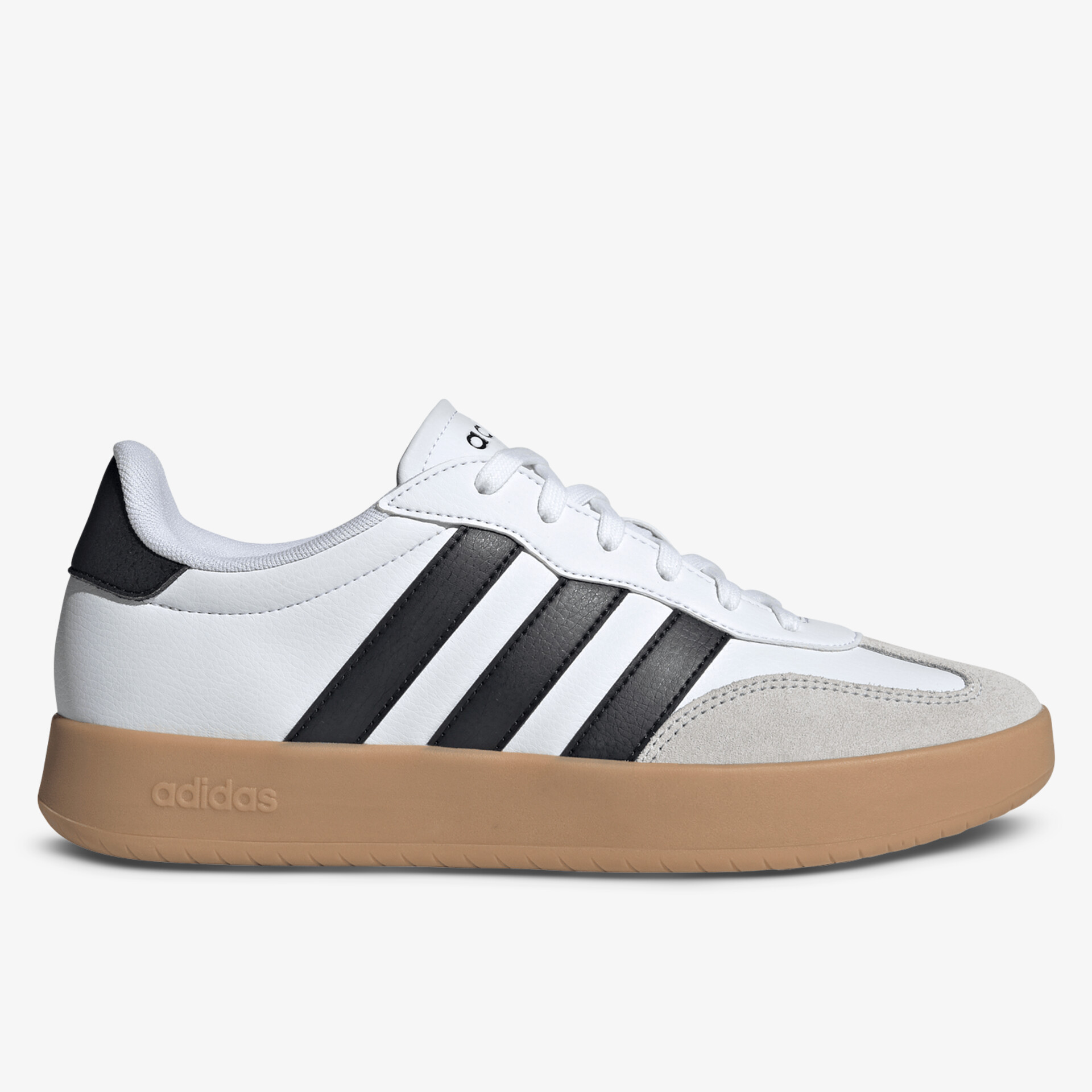 Seitliche Ansicht eines weißen Sneakers mit schwarzen Streifen und komfortabler Gummisohle in modernem Design