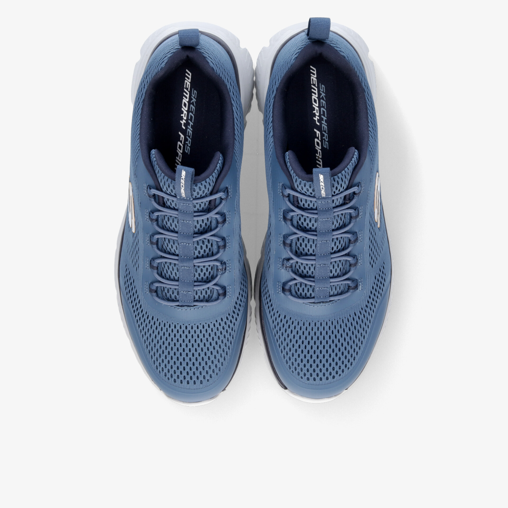 Leichter, atmungsaktiver Sportschuh in Blau mit flexibler Schnürung und gepolsterter Innensohle, Draufsicht auf Paar