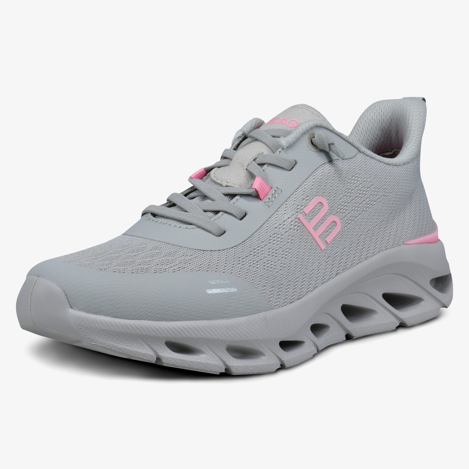 Moderner grauer Sneaker mit rosa Details und atmungsaktivem Material