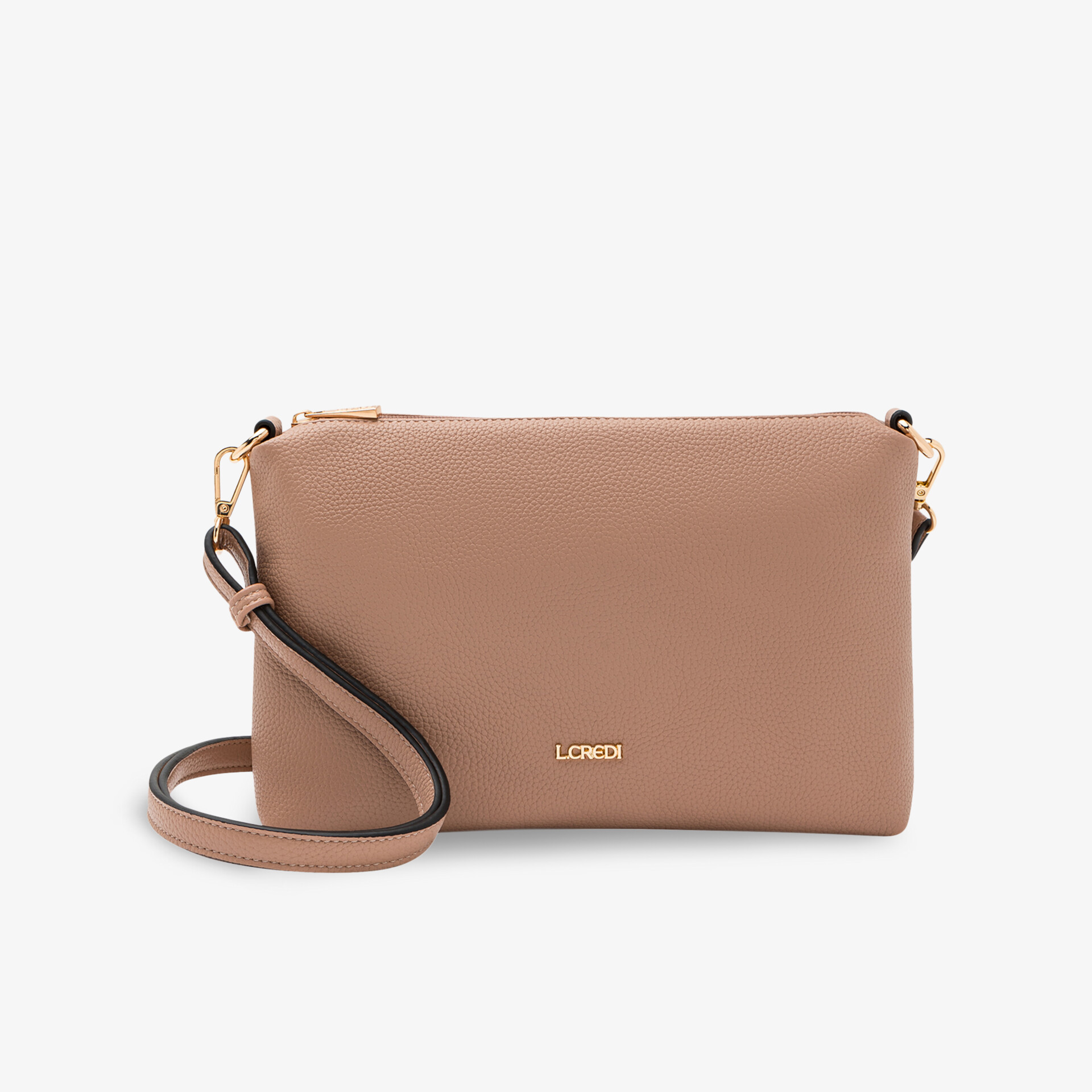 Beige Tasche mit schlichtem Design, edlem Material und goldenen Details, kompakt und mit abnehmbarem Schulterriemen