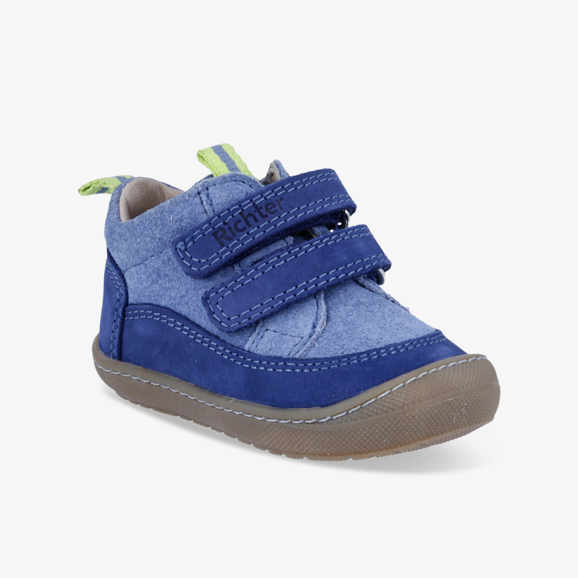 Blauer funktionaler Schuh mit zwei Klettverschlüssen, rutschfester Sohle und flexiblem Material für hohen Tragekomfort