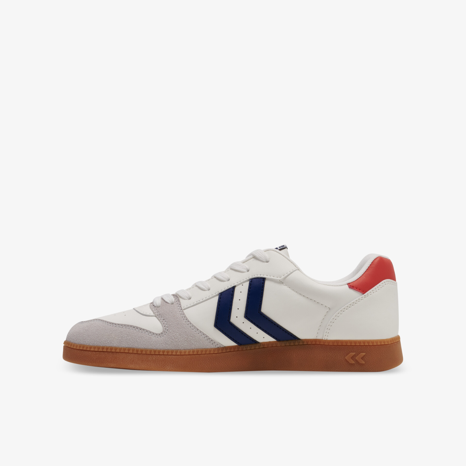 Moderner weißer Sneaker mit roten Details und blauen Streifen, komfortable Sohle für sicheren Halt