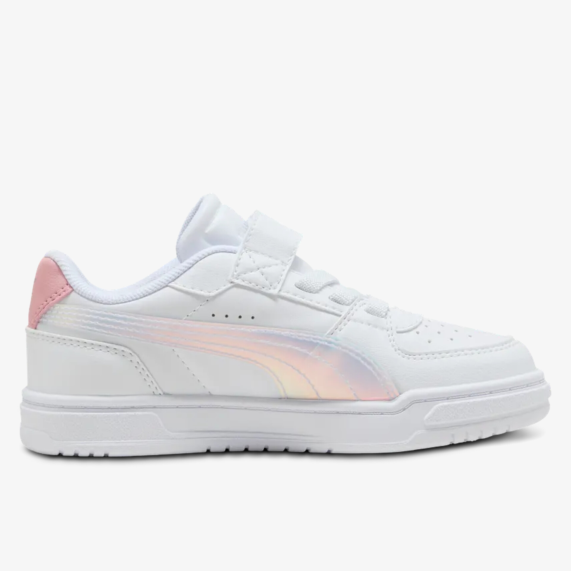 Weißer Sneaker mit bequemem Sitz, atmungsaktivem Material und rutschfester Sohle in klarer Seitenansicht