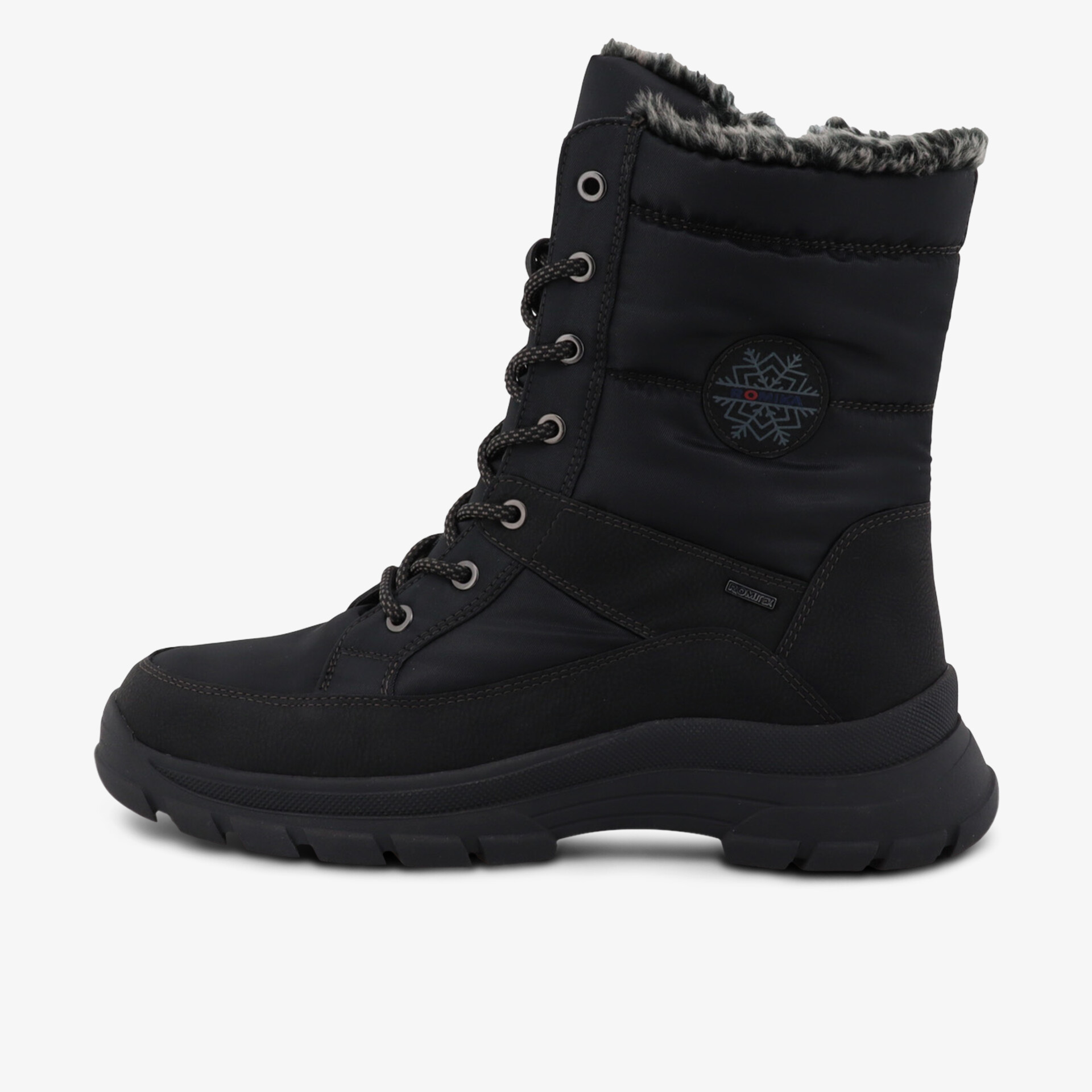 Robuster schwarzer Winterstiefel mit warmer Fütterung, schnürbar und wasserabweisend für Komfort