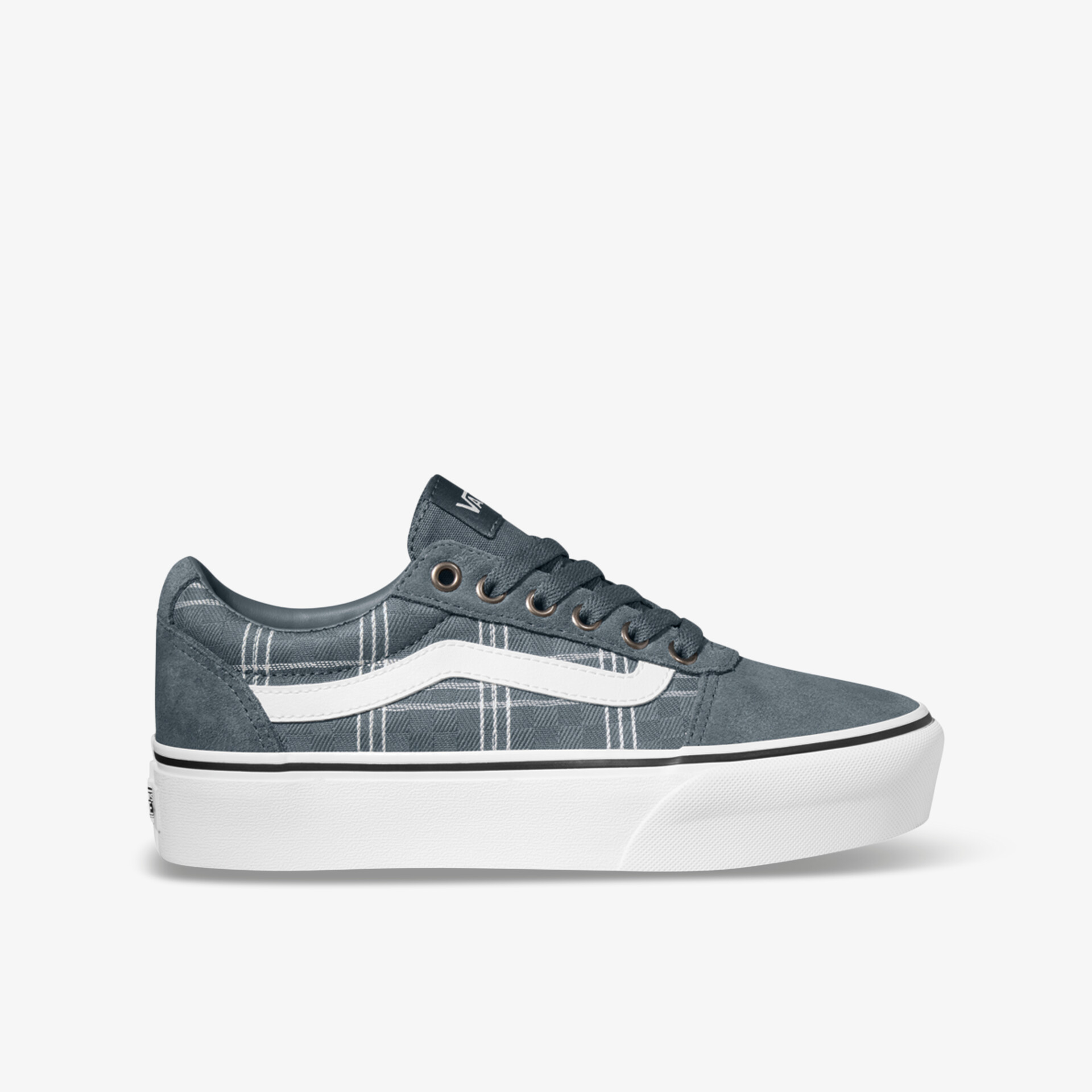 Graue Sneaker mit kariertem Muster und weißem Streifen bieten robusten Komfort und lässigen Stil.