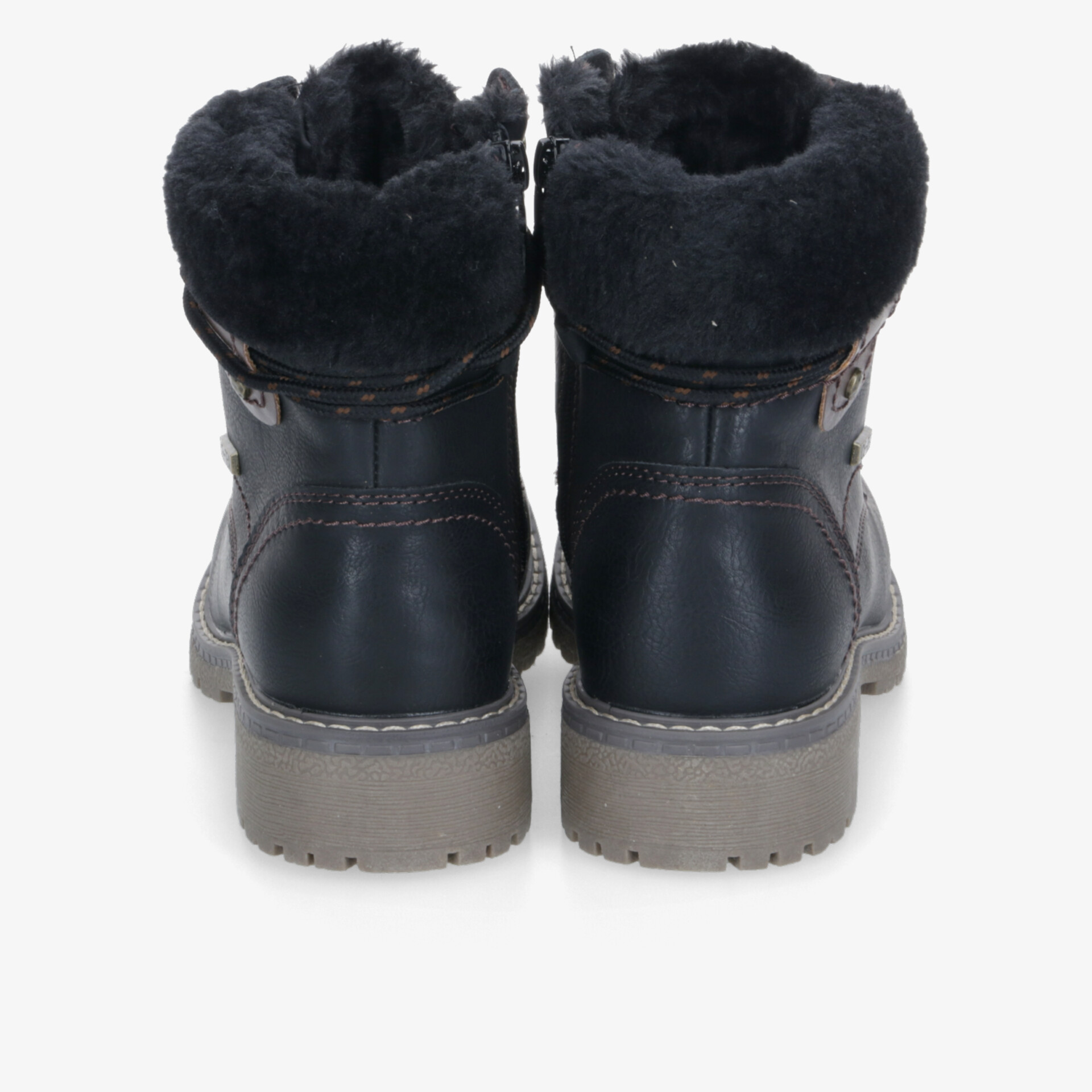 Robuste schwarze Winterstiefel mit dickem Futter, gepolstertem Schaftrand und rutschfester Sohle, Rückansicht als Paar