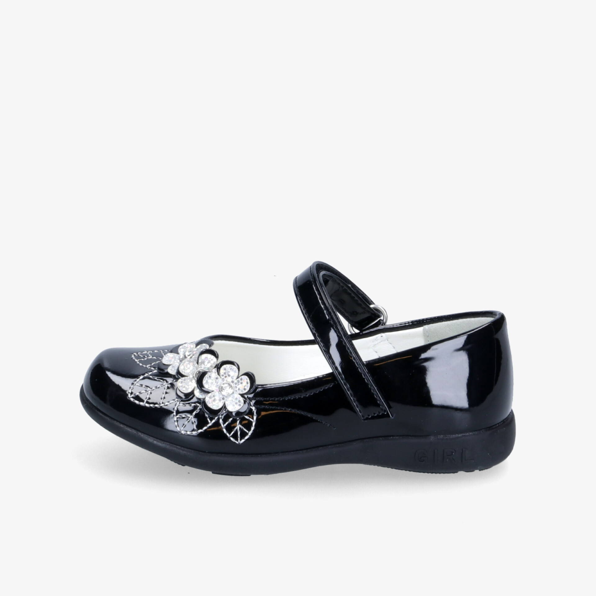 Eleganter schwarzer Lackschuh mit dekorativer Blumenapplikation und bequemem Riemchenverschluss