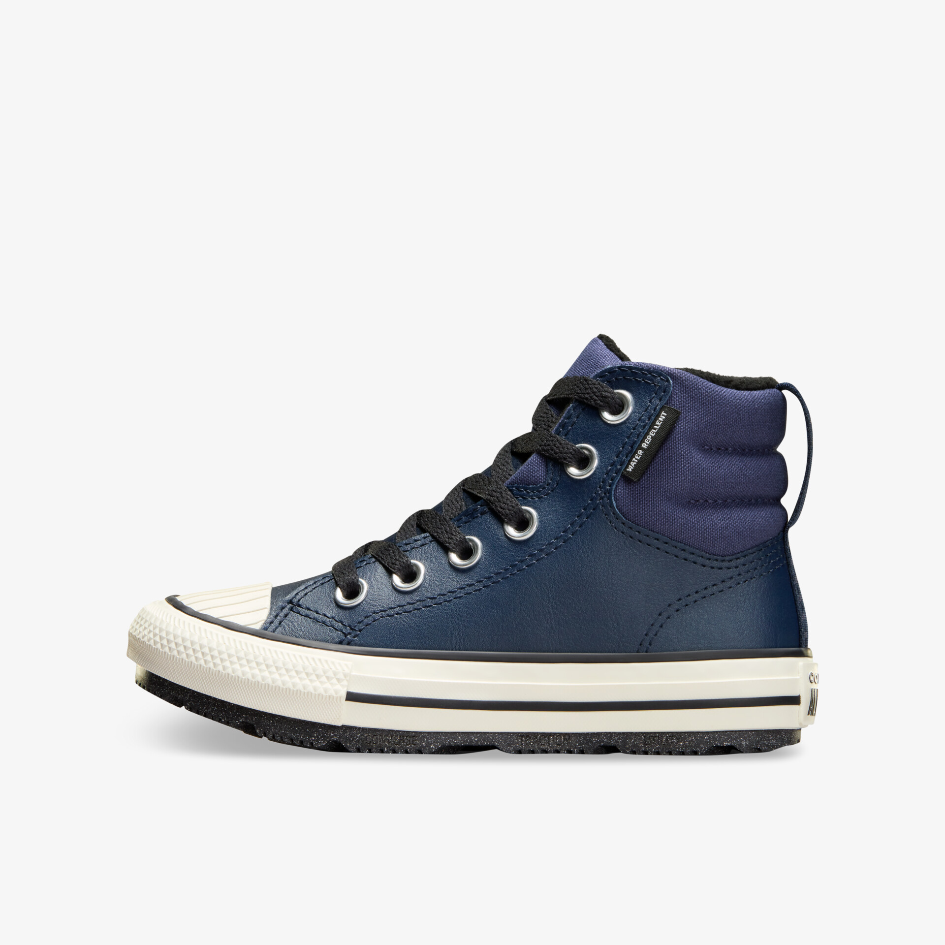 Seitliche Ansicht eines hohen blauen Sneakers mit weißen Sohlen und gepolstertem Kragen für optimalen Komfort