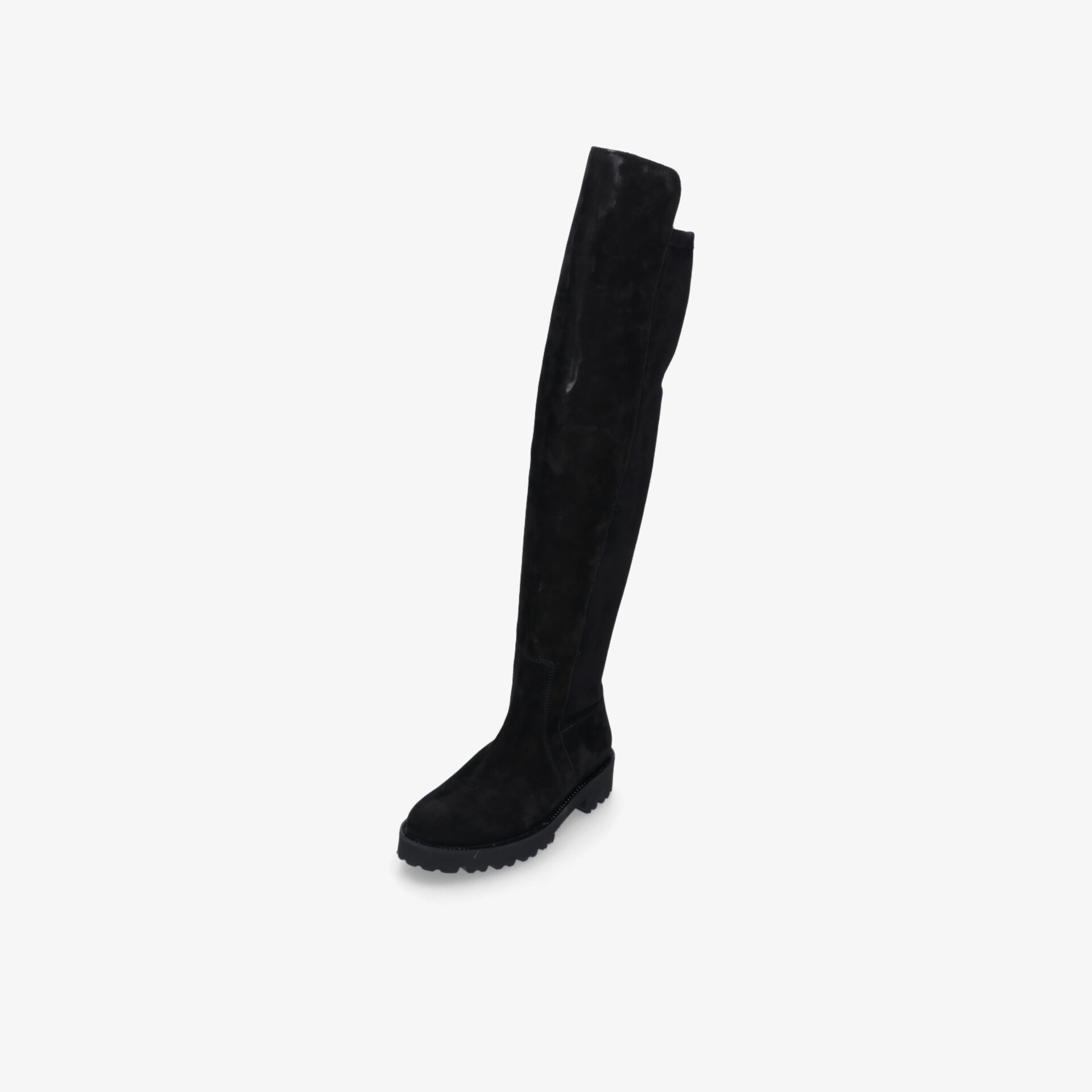 Schwarzer Overknee Stiefel mit robustem Absatz, kniehoch und elegant im schräg vorne Blickwinkel