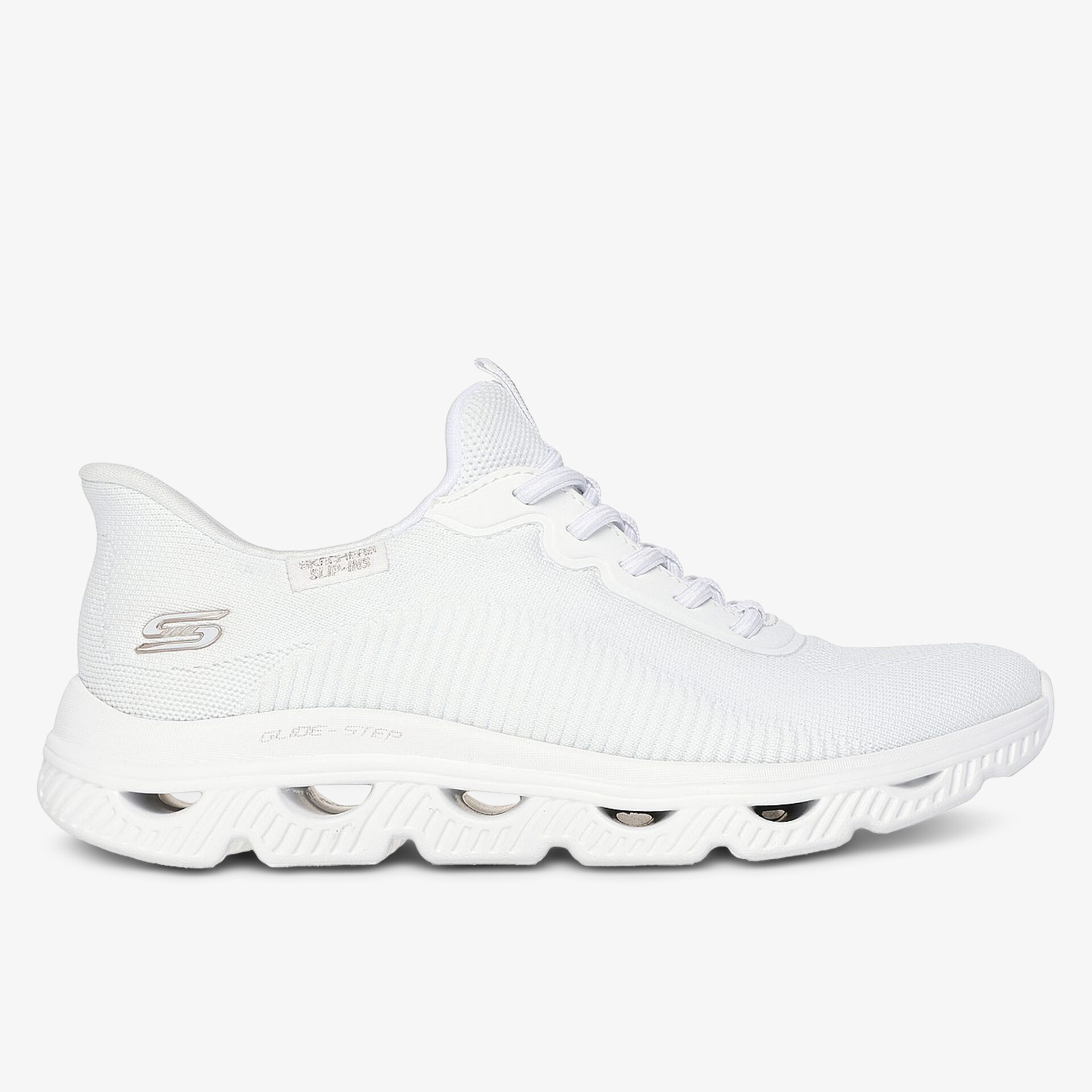 Moderner weißer Sportschuh mit stoßdämpfender Sohle für optimalen Tragekomfort.