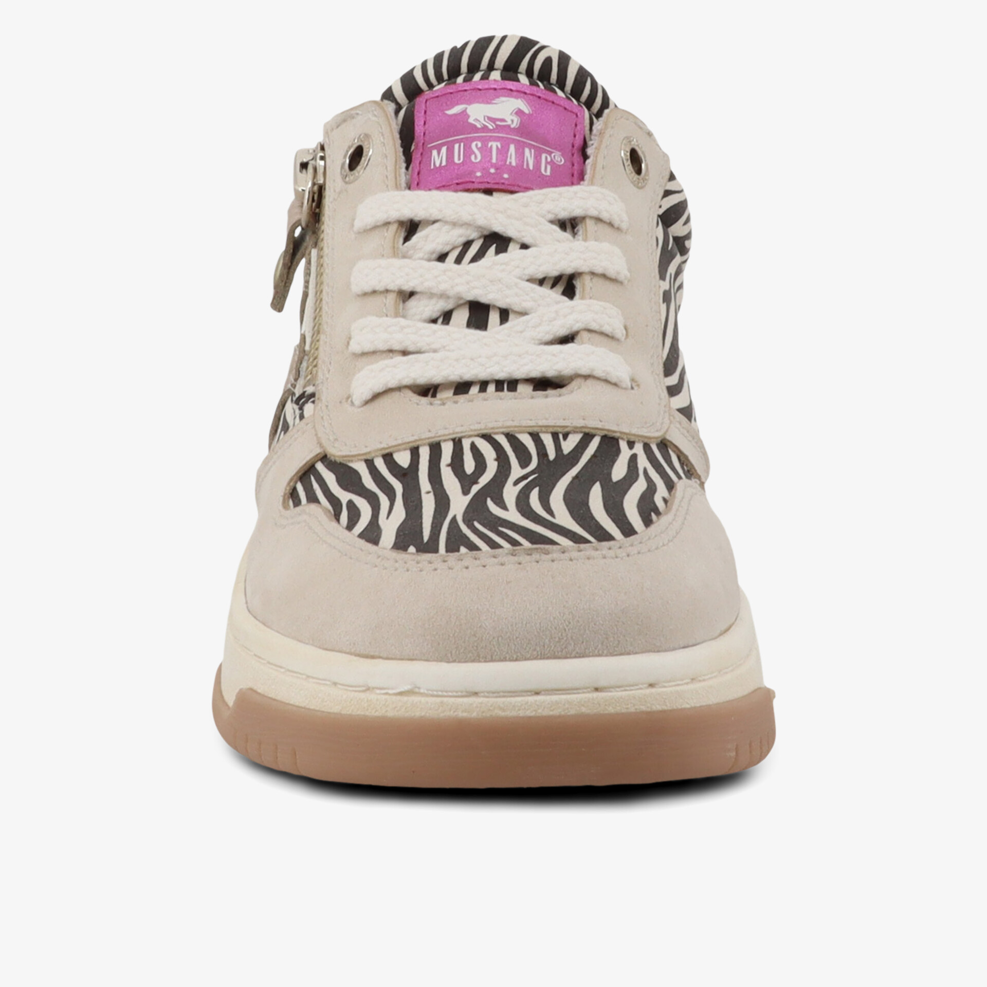 Frontansicht stylischer Sneaker mit Zebra-Muster, Reißverschluss und robuster Sohle