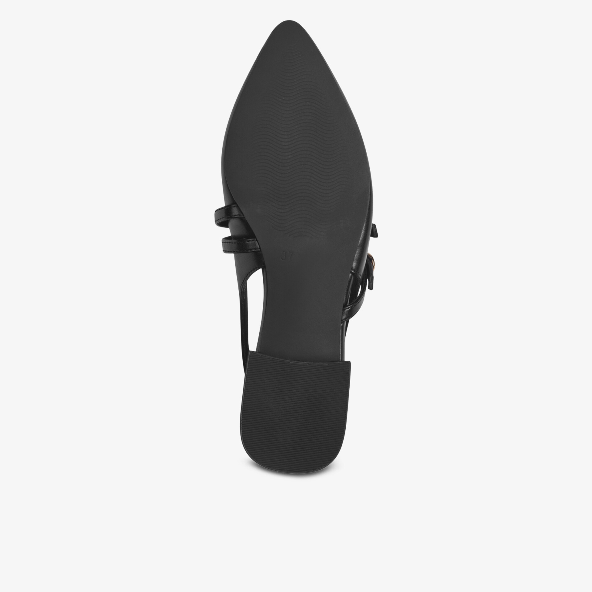 Schuh mit spitz zulaufender schwarzer Sohle und Riemchen, verstellbare Schnalle gut sichtbar, flach