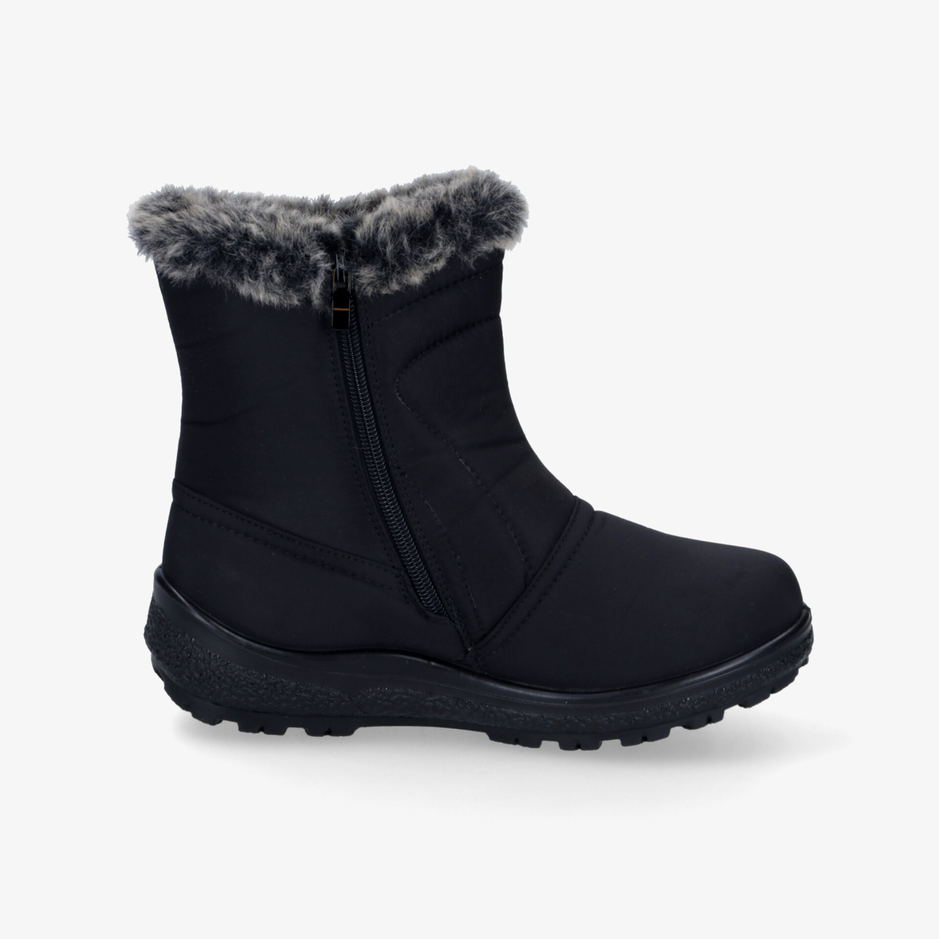 Schwarzer Winterstiefel mit warmem Fellkragen, robustem Reißverschluss und profilierter rutschfester Sohle