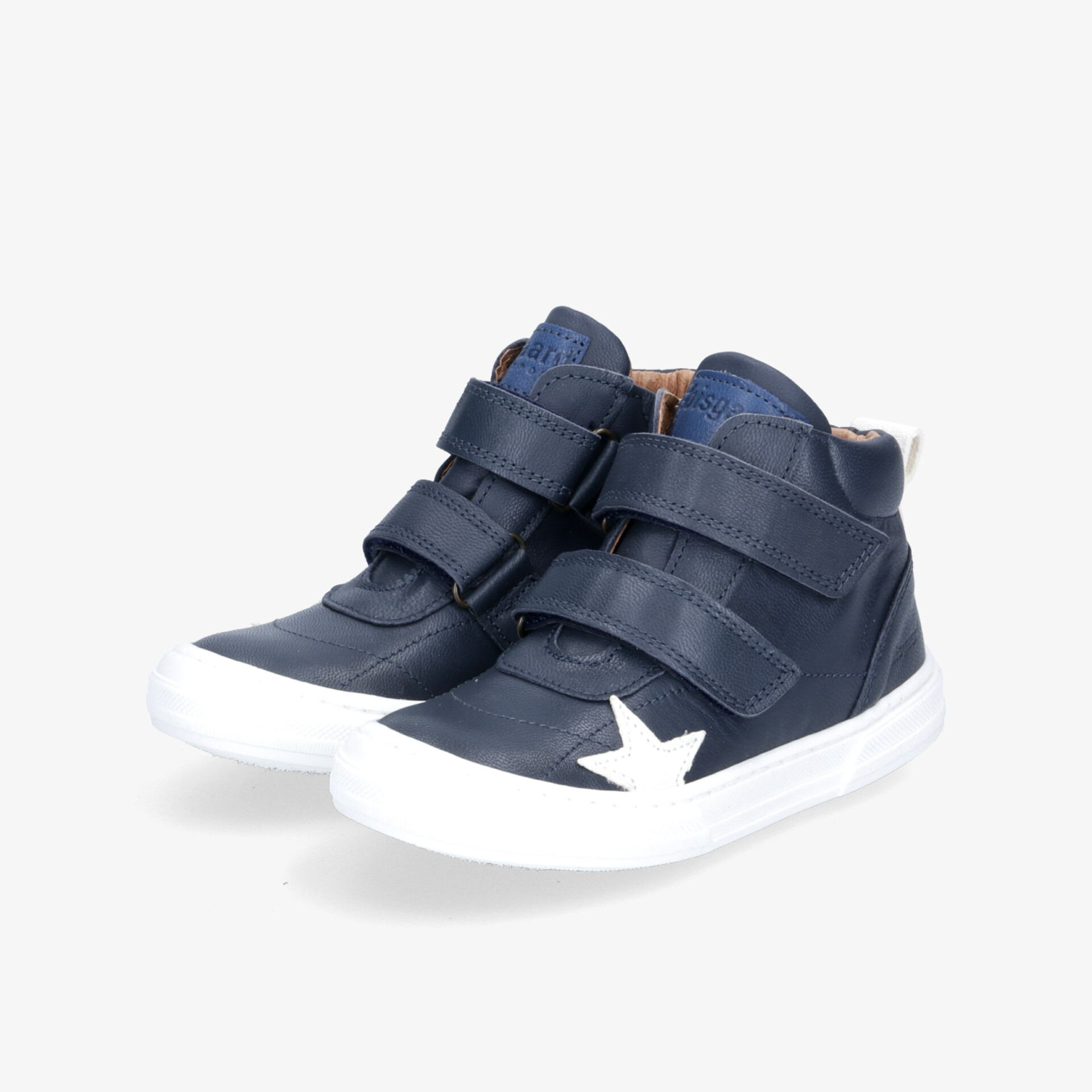 Sportliche dunkelblaue Schuhe mit Klettverschluss und weißer Sohle, ideal für aktive Tage.