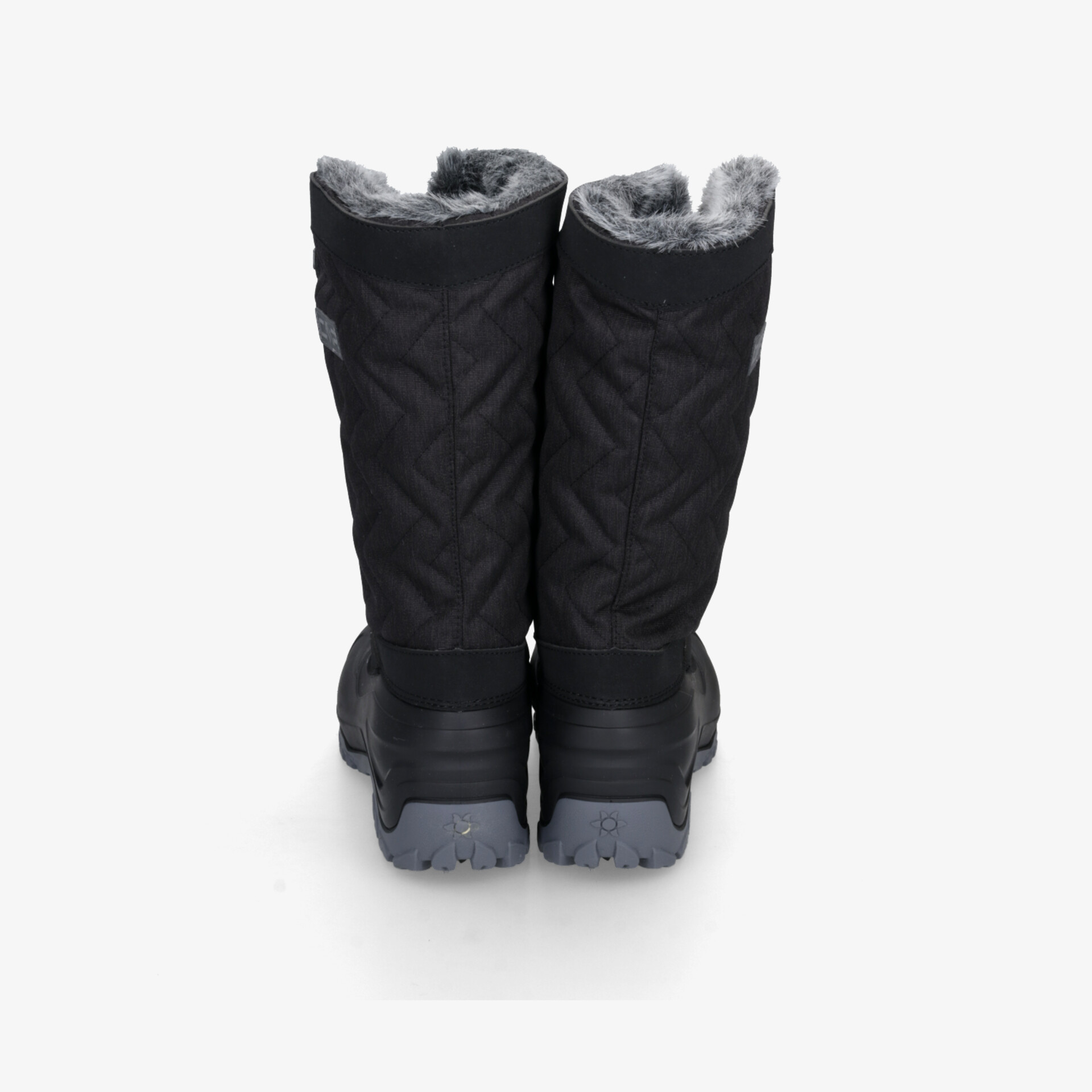 Robuste schwarze Winterstiefel mit hohem Schaft, gepolsterter Innenseite und rutschfester Sohle in Rückansicht